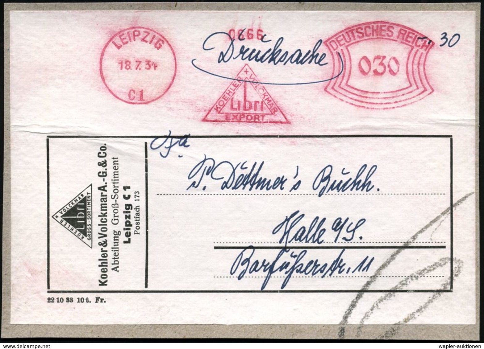 LEIPZIG/ C 1/ KOEHLER/ VOLCKMAR/ Libri/ EXPORT 1934 (18.7.) AFS 030 Pf. (Logo) Motivgl. Adreß-Aufkleber = Inl.-Drs., Höc - Non Classés