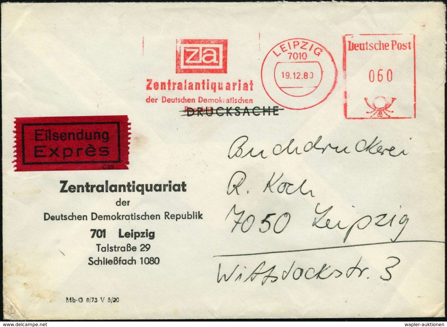7010 LEIPZIG/ Za/ Zentralantiquariat/ Der DDR 1980 (19.12.) AFS 060 Pf. (Monogr.-Logo) Auf Firmen-Orts-Eil-Bf., Rs. AS.  - Unclassified