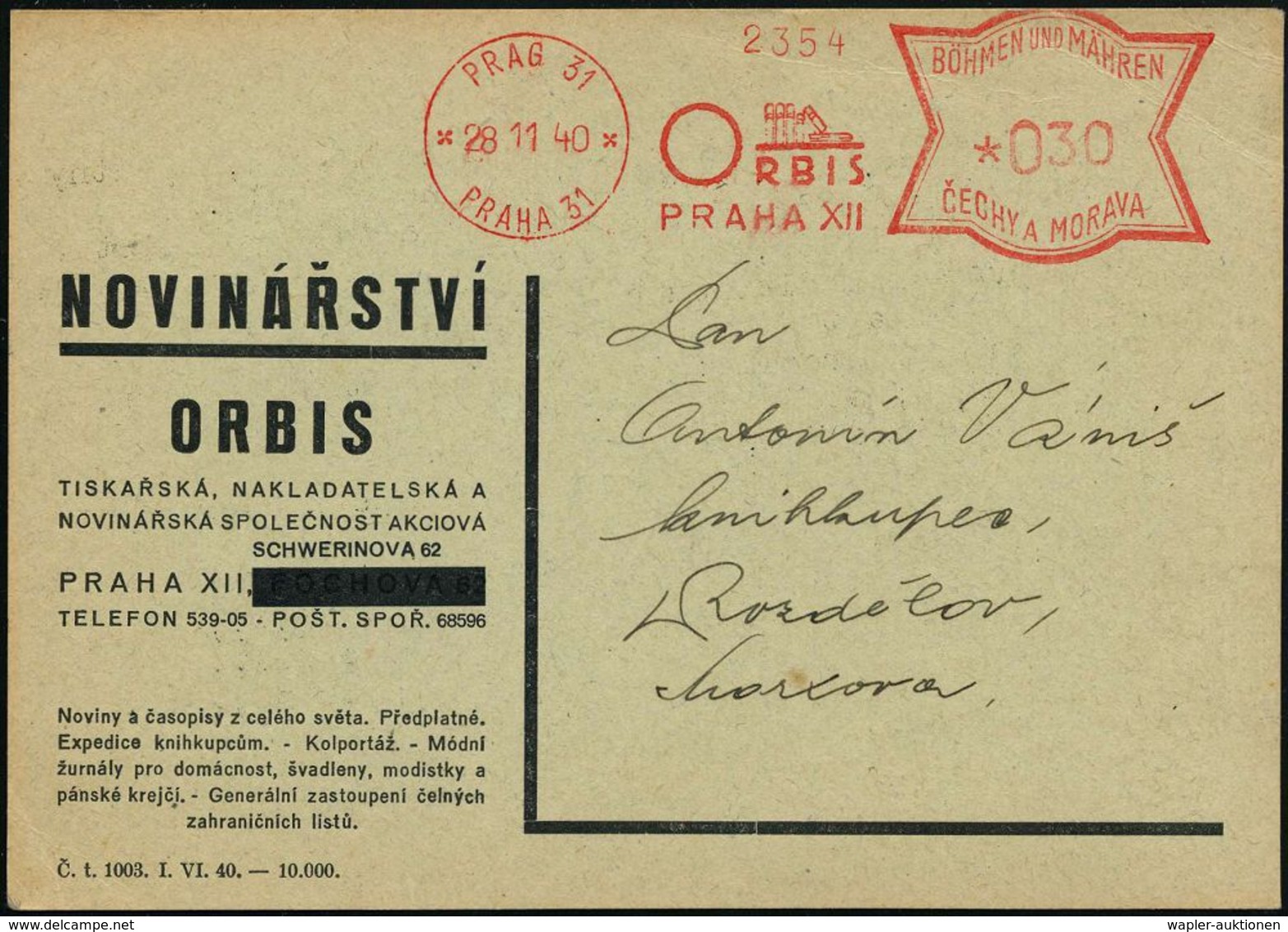 BÖHMEN & MÄHREN 1940 (28.11.) AFS.: PRAG 31/ PRAHA 31/ORBIS/PRAHA XII = Bücherregal , Klar Gest. Firmen-Kt.: NOVINARSTVI - Ohne Zuordnung