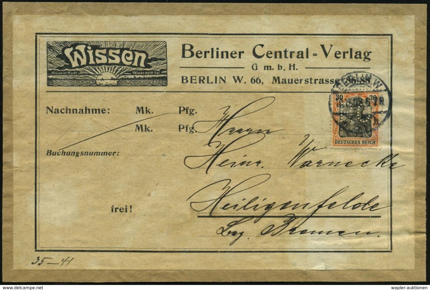 BERLIN W/ *36 B 1908 (10.11.) 1K-Brücke Auf EF 80 Pf. Germania Mit Firmenlochung "P O" Auf Verlags-Adreß-Aufkleber: Berl - Non Classés