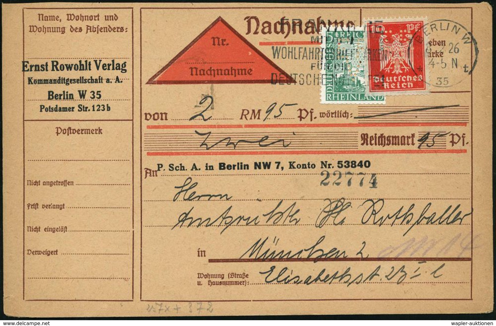 Berlin W 35 1926 (8.2.) 10 Pf. Adler U. 5 Pf. Rheinland Je Mit Firmenlochung "E R / V" = E Rnst Rowohlt-Verlag Auf Entsp - Non Classés