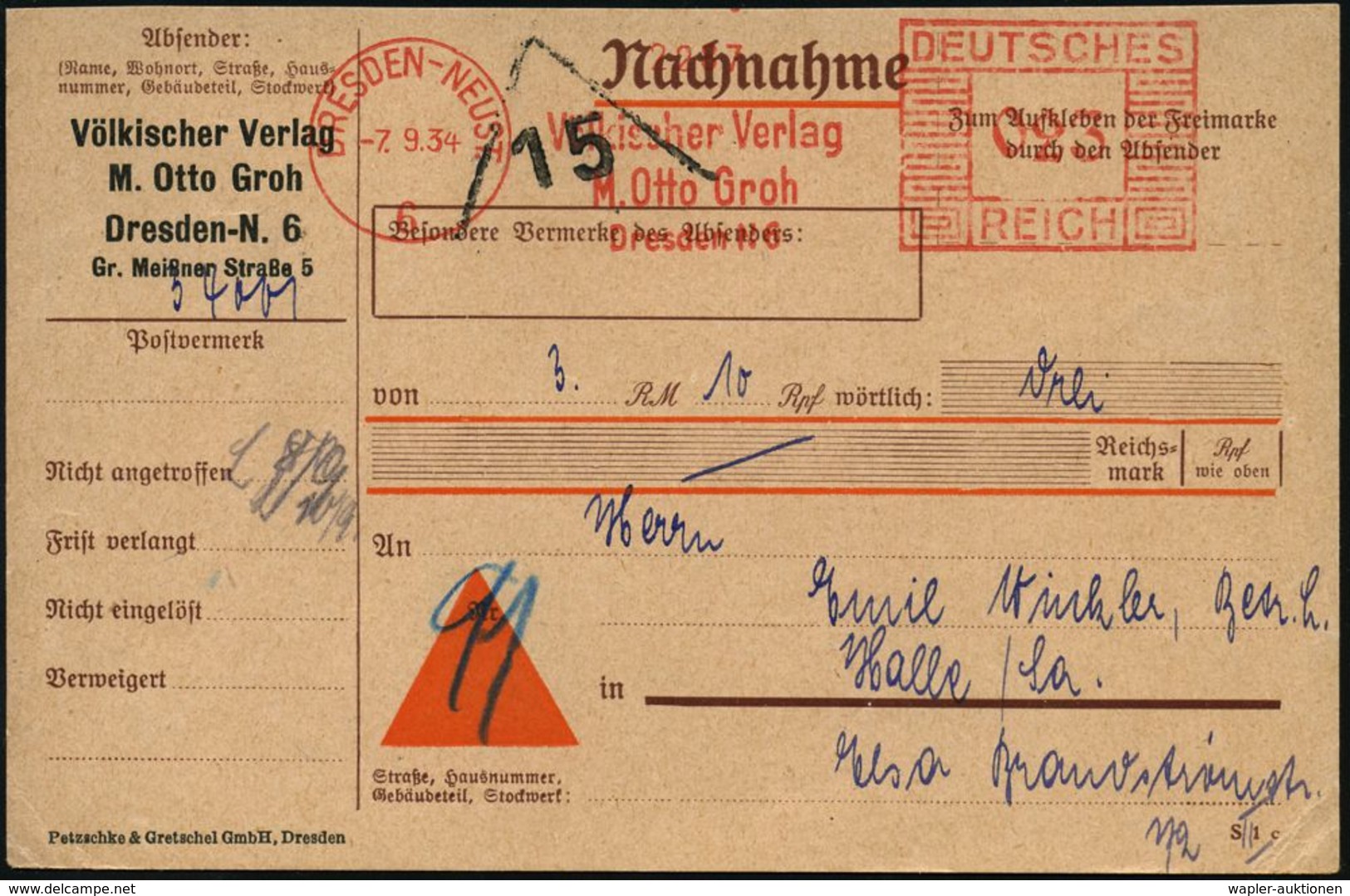 DRESDEN-NEUST./ 6/ Völkischer Verlag/ M.Otto Groh 1934 (7.9.) Seltener AFS 023 Pf. Klar Auf NN-Firmen-Kt.: Völkischer Ve - Non Classés