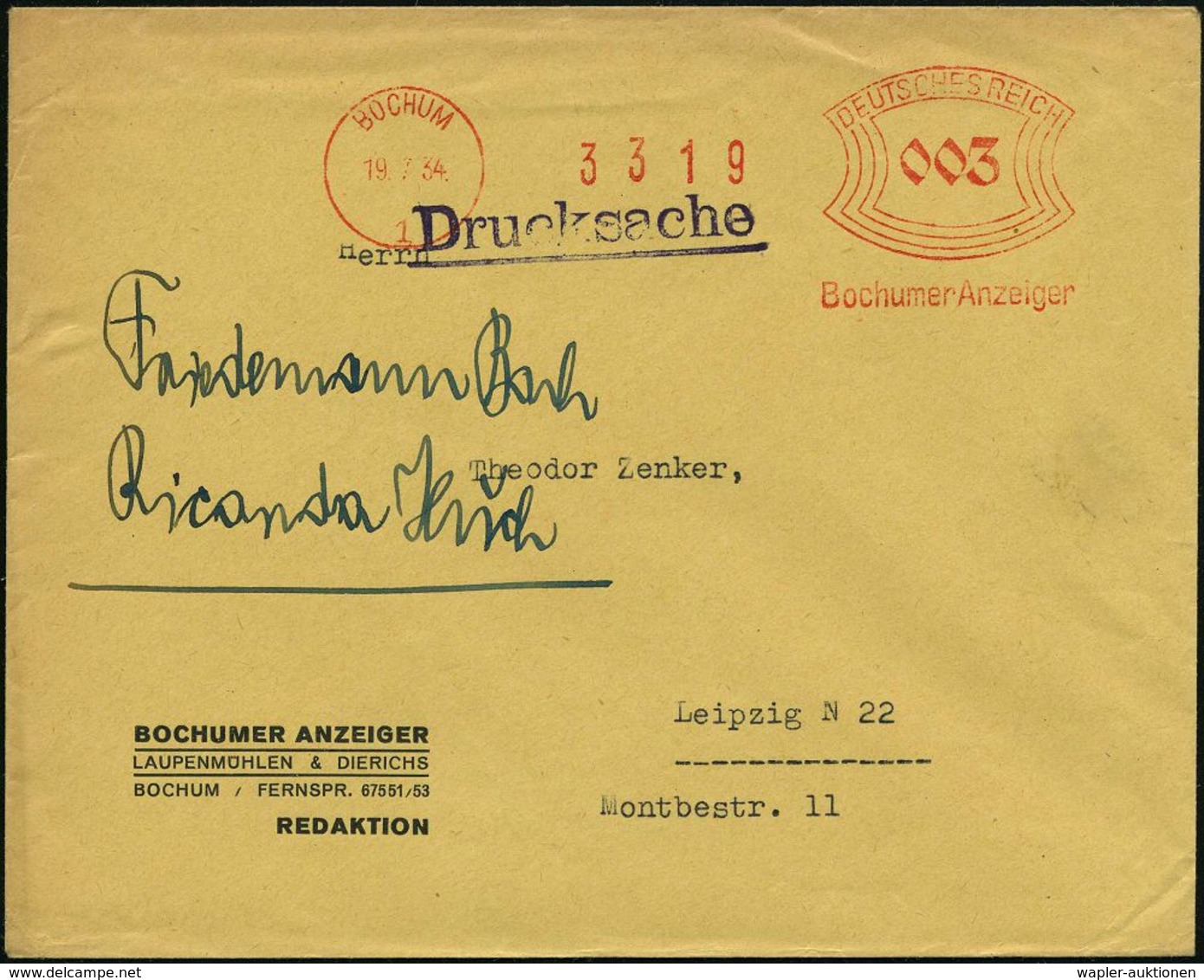BOCHUM/ 1/ Bochumer Anzeiger 1934 (19.7.) Aptierter AFS (2 U.3 Zeile:  "und /General Anzeiger" Entfernt!) Firmen-Bf. (Dü - Sin Clasificación