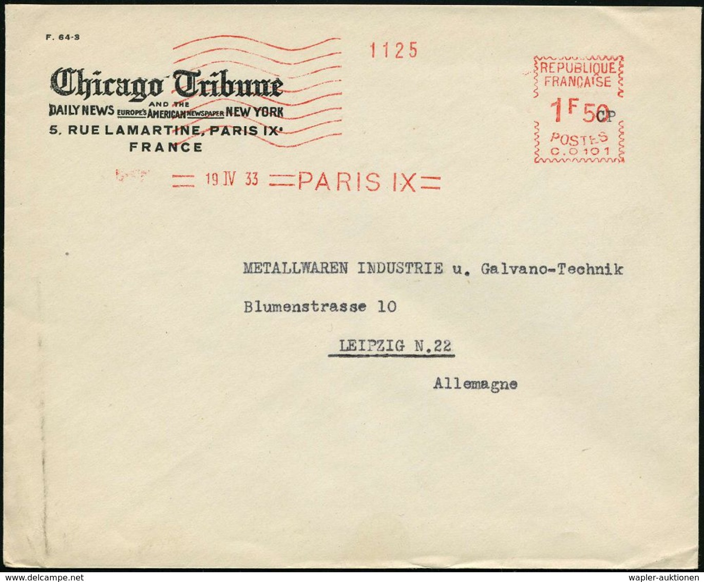 FRANKREICH 1933 (19.4.) AFS: PARIS IX/C. 0101 + 8 Wellen (links  O H N E  Text) = Chicago Tribune Auf Ausl.-Firmen-Bf.   - Sin Clasificación