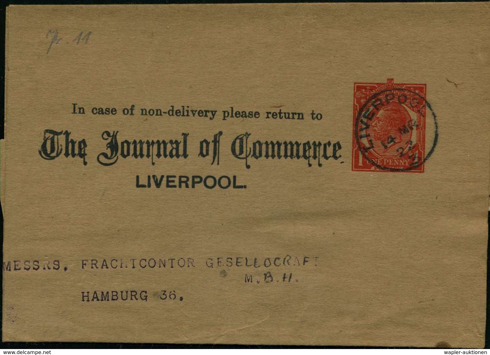 GROSSBRITANNIEN 1922 (14.3.) Privat-Zeitungs-Sb "George V." 1 D. ,rot: The Journal Of Commerce LIVERPOOL , 1K: LIVERPOOL - Ohne Zuordnung