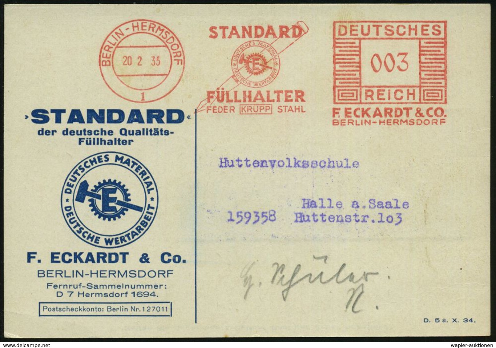 BERLIN-HERMSDORF/ 1/ STANDARD/ FÜLLHALTER/ FEDER KRUPP STAHL/ F.ECKARDT & CO 1935 (20.2.) AFS = Füllhalter (u. Logo) Mot - Non Classificati