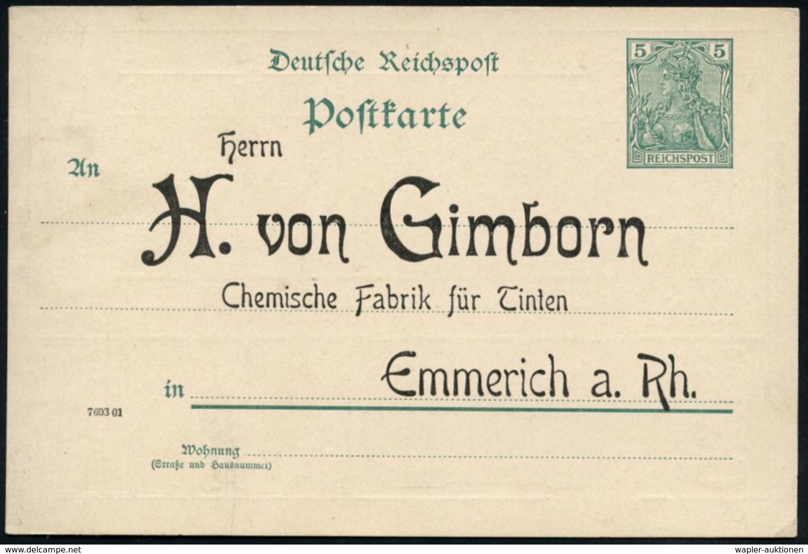 Emmerich A.Rh. 1900 Amtl. P 5 Pf. Germania Mit Vs./rs. Reklame-Zudruck: H.v.Gimborn/Chem.Fabrik Für Tinten ,rs. Bestell- - Non Classés