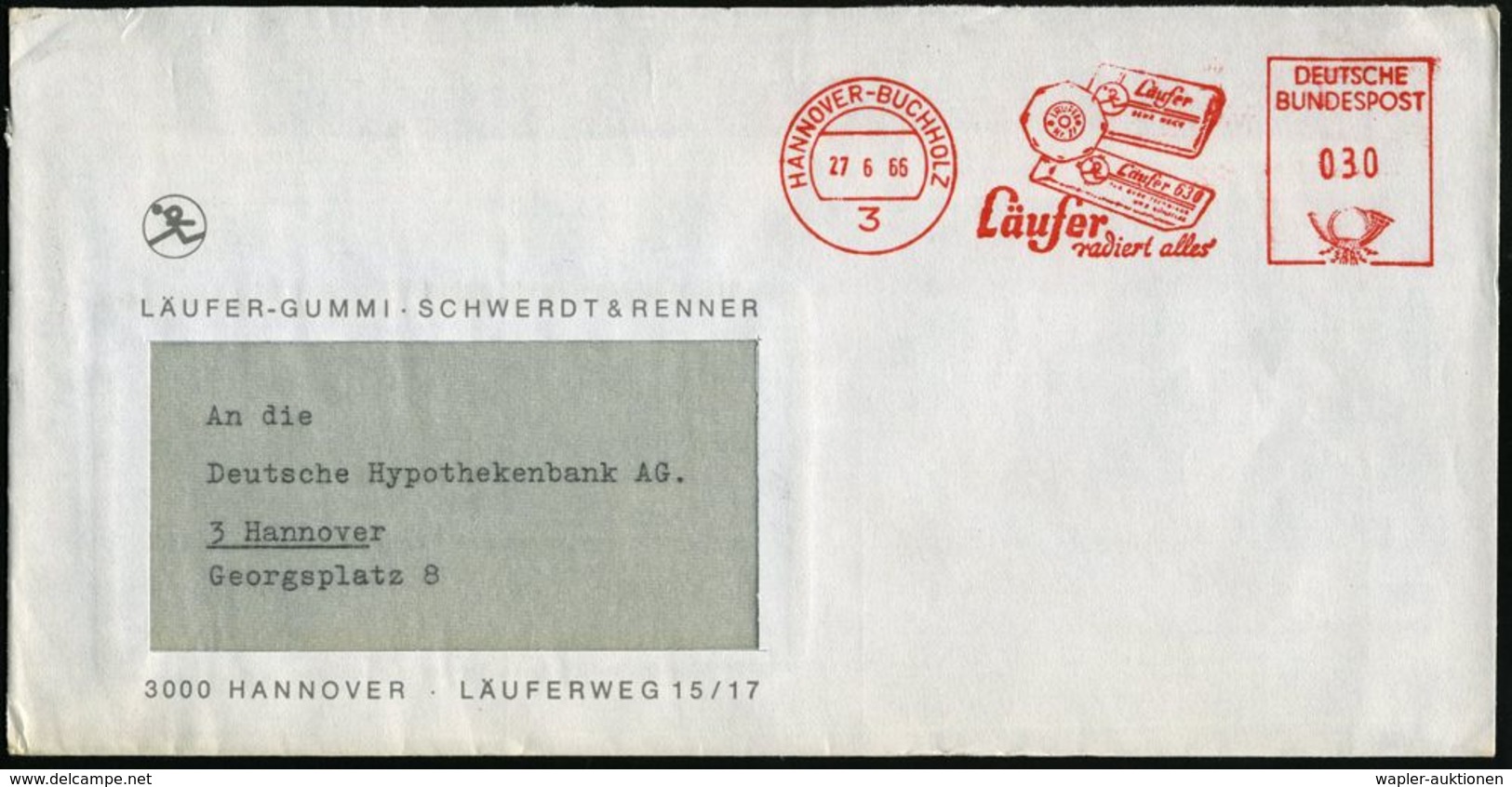 3 HANNOVER-BUCHHOLZ/ Läufer/ Radiert Alles 1966 (27.6.) Dekorat. AFS = 3 Radiergummis (dabei Runder Schreib-maschinen-Ra - Sin Clasificación