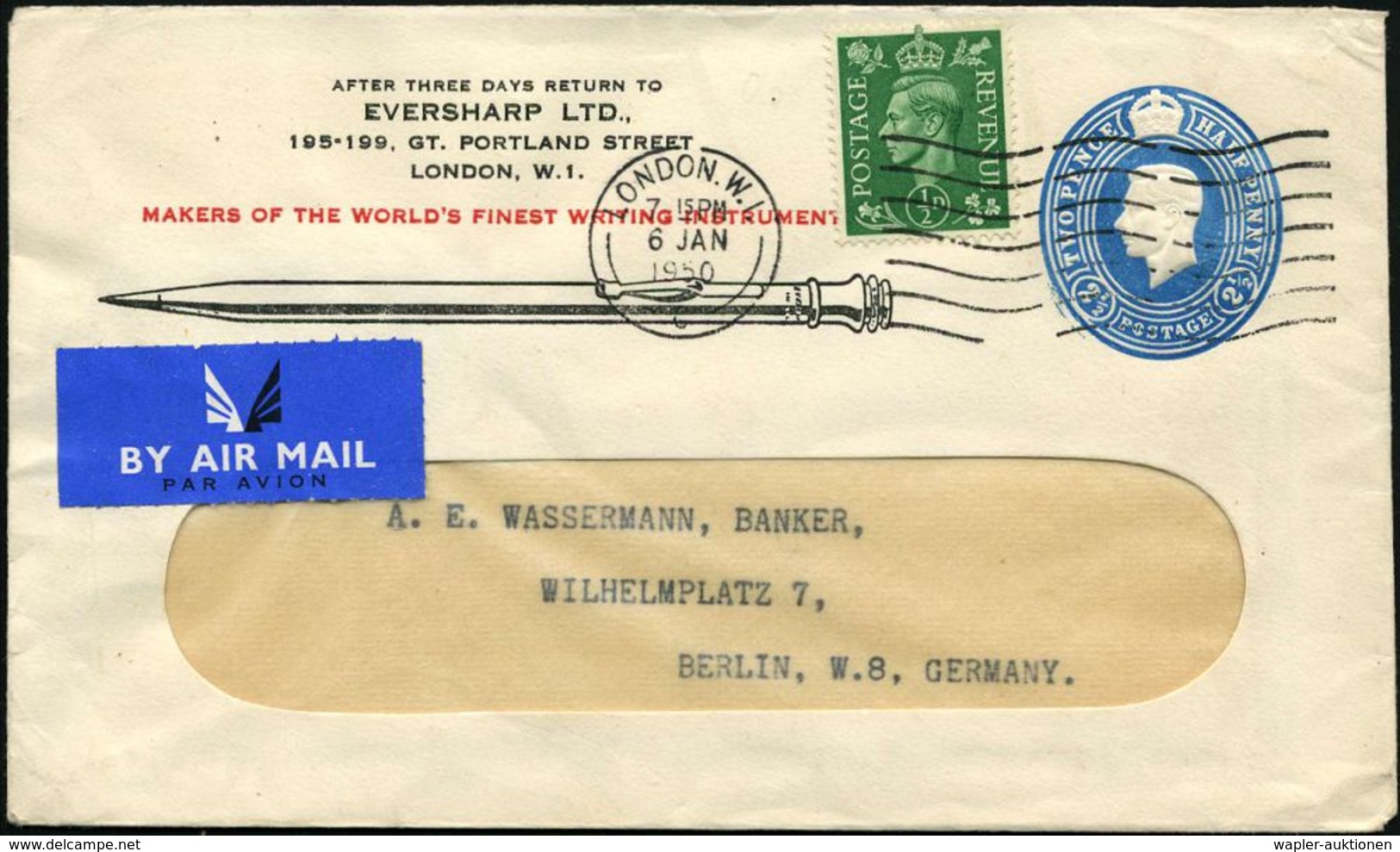 GROSSBRITANNIEN 1950 (6.1.) PU 2 1/2 P. George VI. Oval, Blau: EVERSHARP LTD., LONDON W.I./..MAKERS OF THE WORLD'S FINES - Non Classés