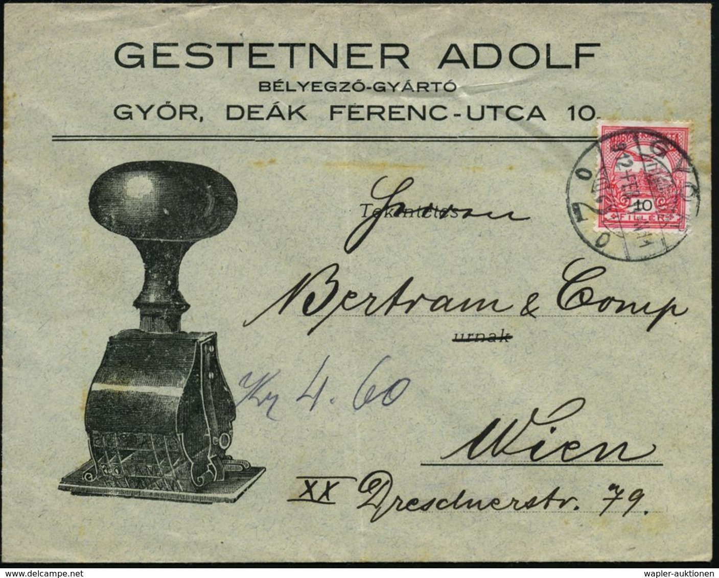 UNGARN 1912 (Feb.) Reklame-Bf.: ADOLF GESTETNER.. GYÖR = Paginier-Stempel (Bf Schwache Falte) 1K-Steg: GYÖR, Ausl.-Bf. N - Non Classés