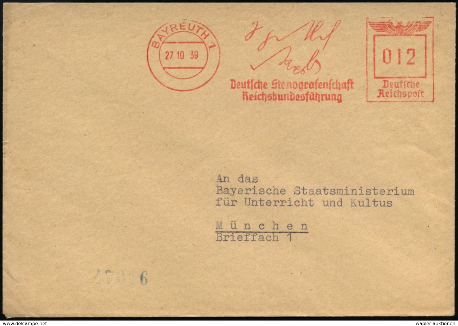 BAYREUTH 1/ Deutsche Stenographenschaft/ Reichsbundesführung 1939 (27.10.) Sehr Seltener AFS, Teils In  S T E N O (teils - Non Classés