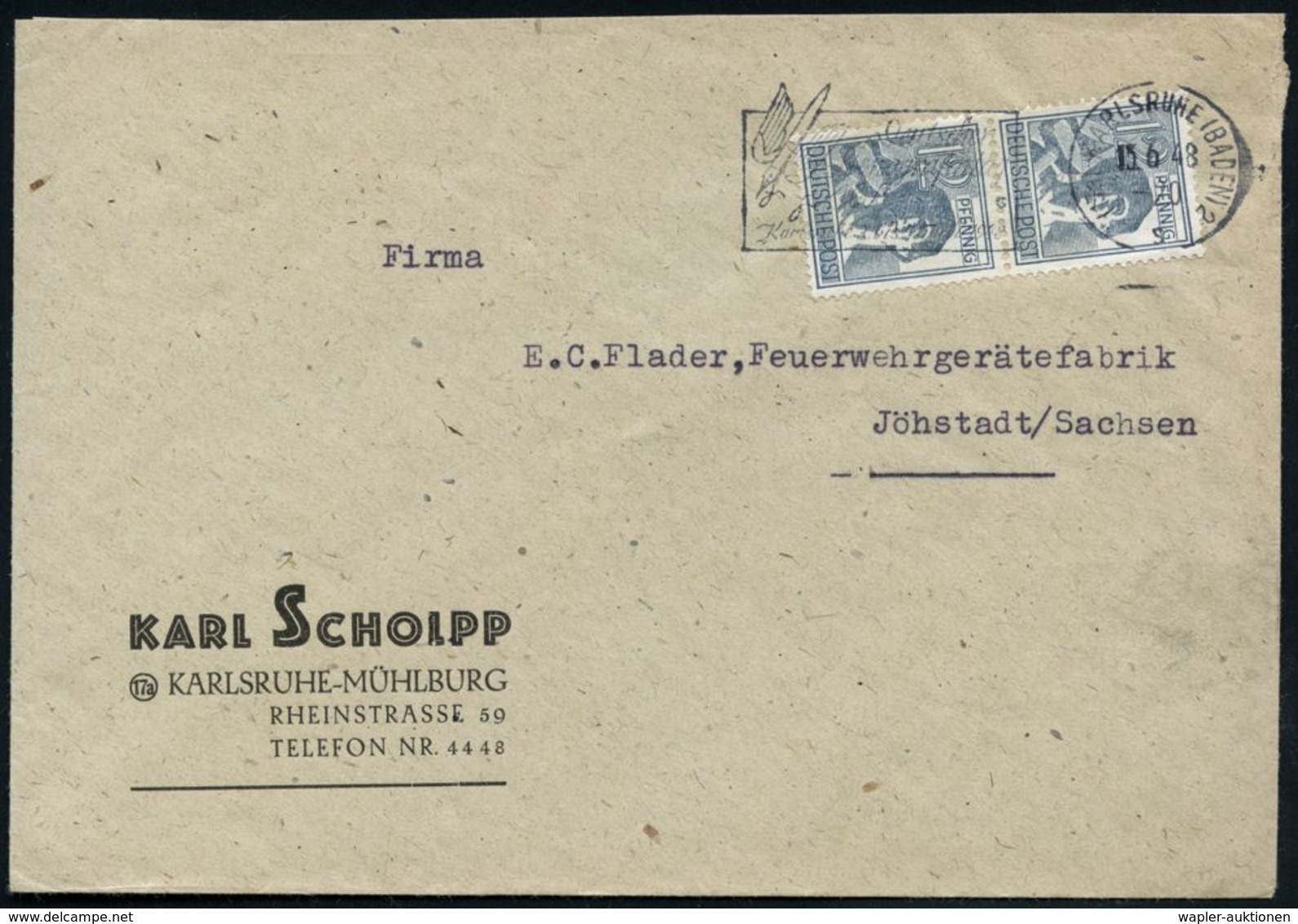 (17a) KARLSRUHE (BADEN)2/ S/ Dt./ Stenographentag 1948 (15.6.) MWSt Teils In Steno (Logo: Geflügelte Feder) Firmen-Bf. ( - Non Classés