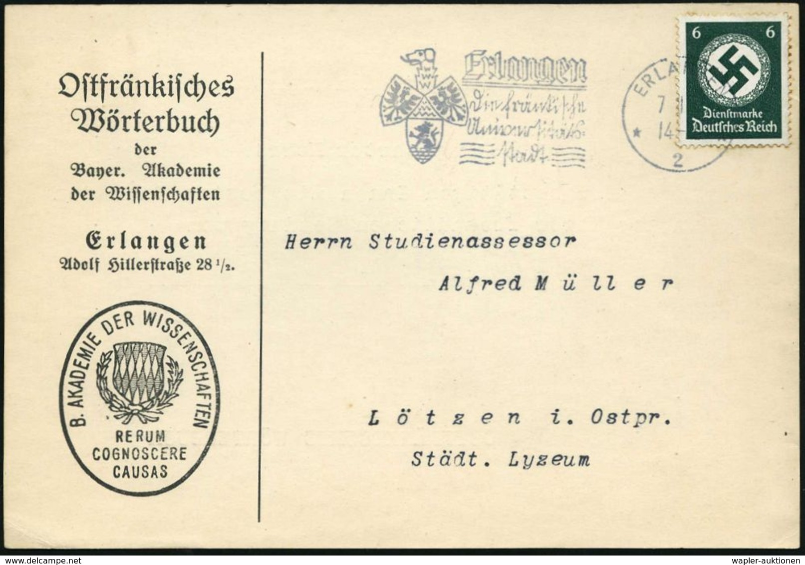 ERLANGEN/ Die Fränkische/ Universitäts-/ Stadt 1935 (7.11.) MWSt, Teils Sütterlin (Wappen) Auf EF 6 Pf. Dienst, Dienst-K - Sonstige & Ohne Zuordnung