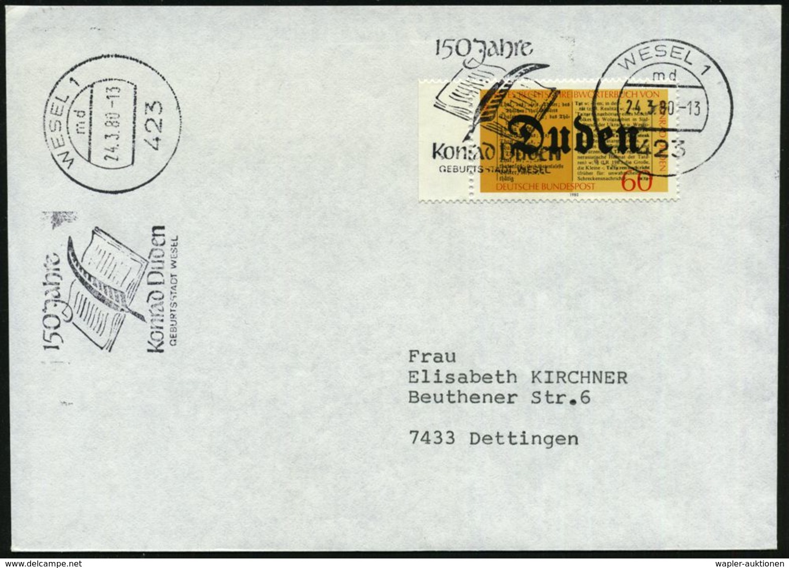 423 WESEL 1/ Md/ 150 Jahre/ Konrad Duden/ GERBURSTSTADT.. 1980 (24.3.) MWSt = Schreibfeder/Buch Auf Passender EF 60 Pf.  - Autres & Non Classés