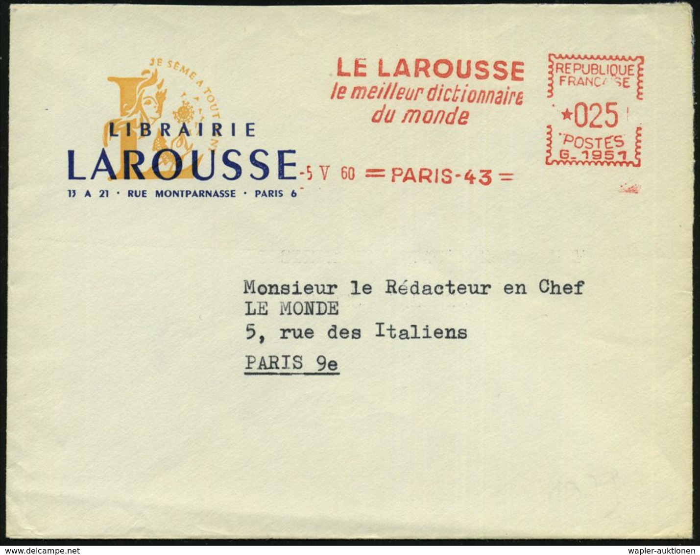 FRANKREICH 1960 (5.5.) AFS: PARIS-43/G.1951/LE LAROUSSE/le Meilleur Dictionnaire/du Monde Klar Gest. Orts-Reklame-Bf. -  - Otros & Sin Clasificación