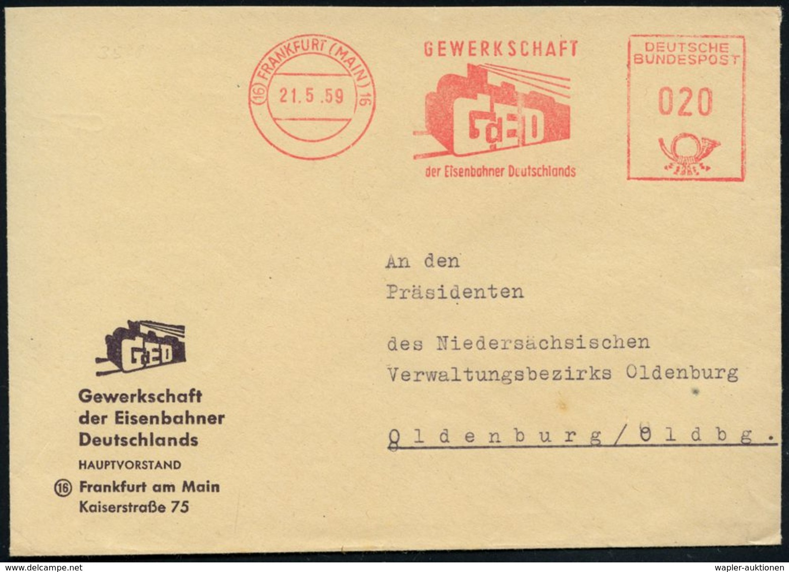 (16) FRANKFURT (MAIN) 16/ GEWERKSCHAFT/ GdED/ Der Eisenbahner Deutschlands 1959 (21.5.) AFS = Gewerkschafts-Logo Dampflo - Eisenbahnen