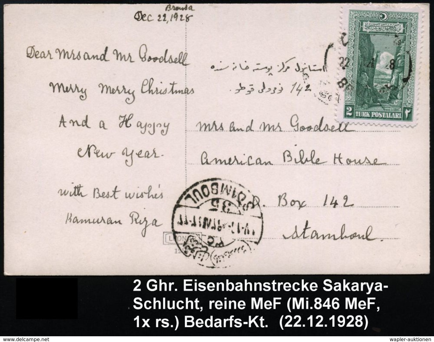 TÜRKEI 1928 (22.12.) 2 Ghr. Eisenbahnstrecke, Sakarya-Schlucht, MeF: 2 Stück (1x Vs.) Sauber Gest. S/w.-Bedarfs-Ak. N. I - Trenes
