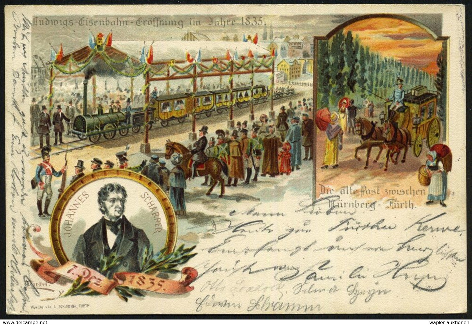 FUERTH I BAYERN 2 1899 (8.10.) 1K Auf PP 5 Pf. Wappen, Grün: Ludwigs-Eisenbahn-Eröffnung.. 1835 JOHANNES SCHARRER 7. Dez - Trains