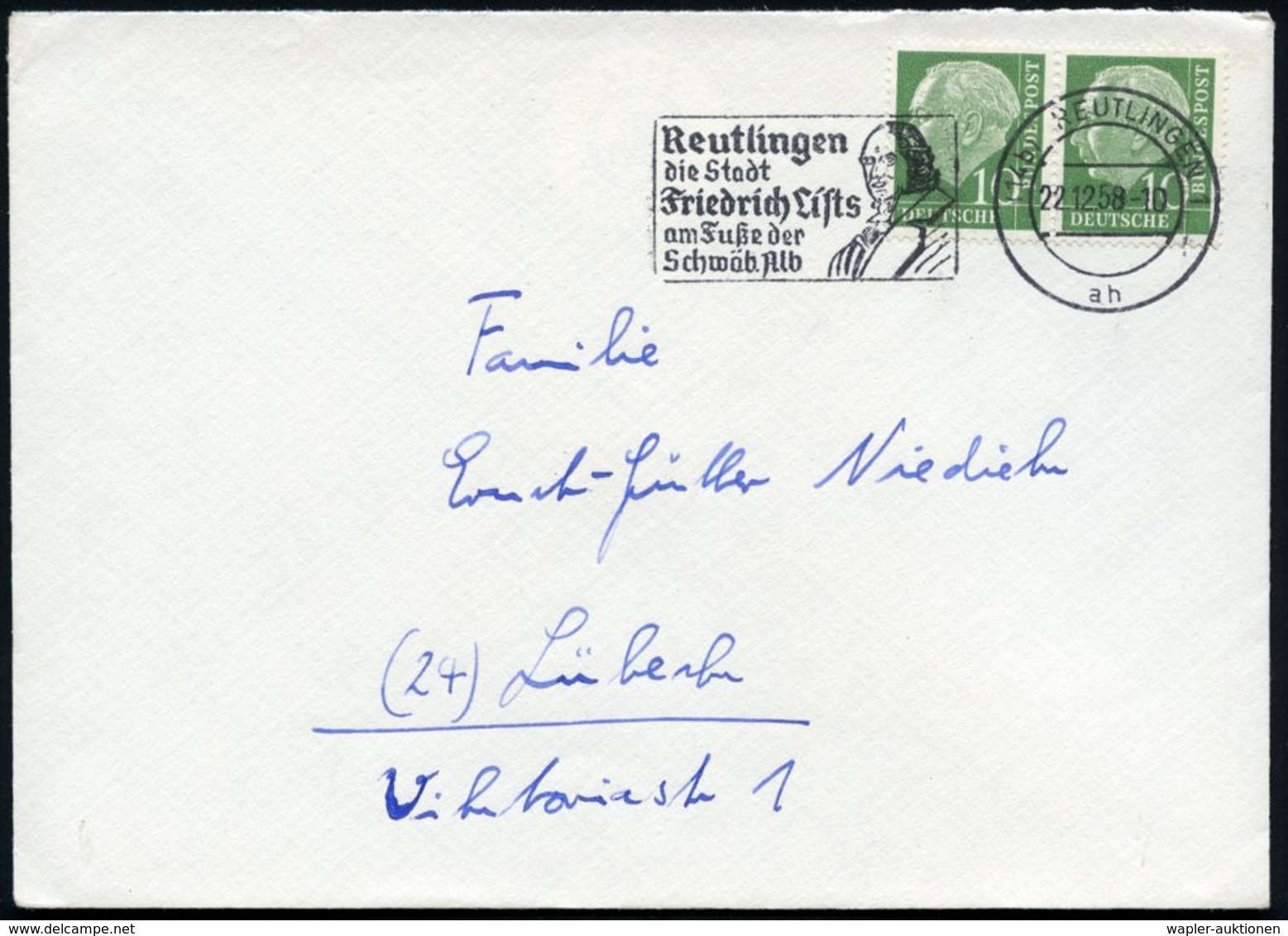 (14b) REUTLINGEN 1/ Ah/ Die Stadt/ Friedrich Lists.. 1959 (10.1.) MWSt = Brustbild Friedr. List = Eisenbahn-Reformer, Kl - Trains