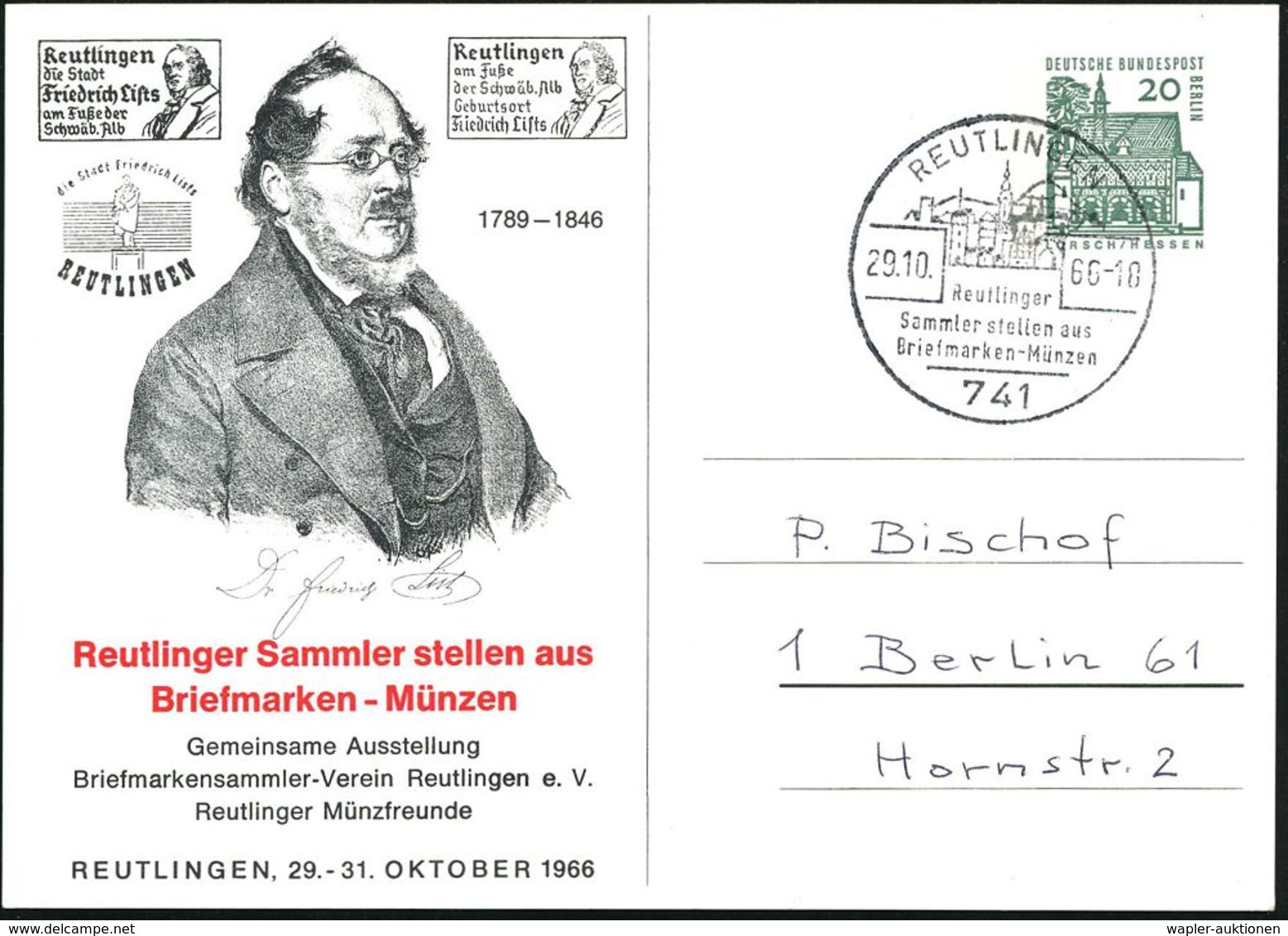 741 REUTLINGEN/ Reutlinger/ Sammler Stellen Aus 1966 (29.10.) SSt Auf PP 20 Pf. Lorsch Berlin, Grün: Friedrich List (Bru - Trains