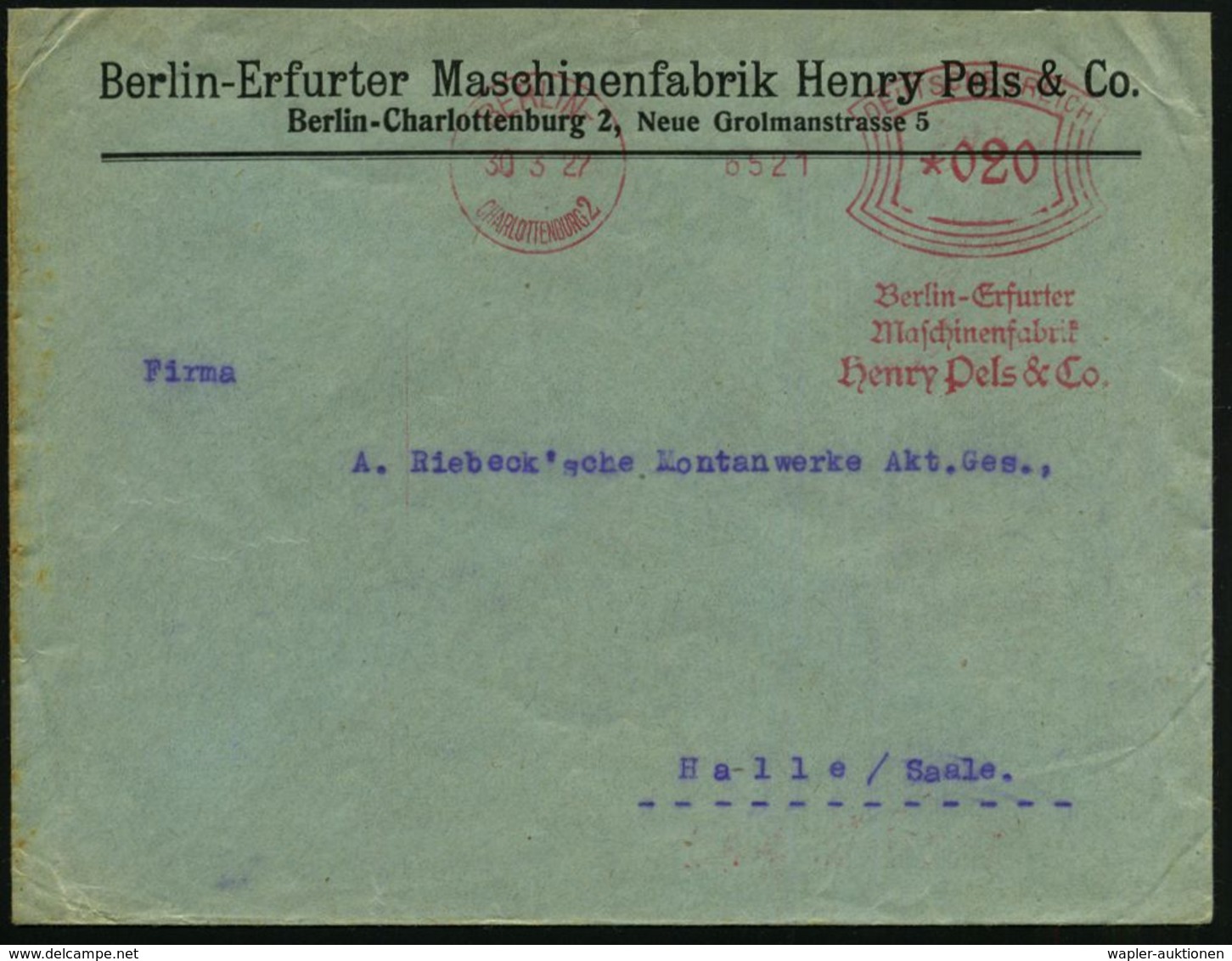 BERLIN-/ CHARLOTTENBURG 2/ Berlin-Erfurter/ Maschinenfabrik/ Henry Pels & Co 1927 (30.3.) Früher AFS Klar Auf Firmen-Bf. - Trenes