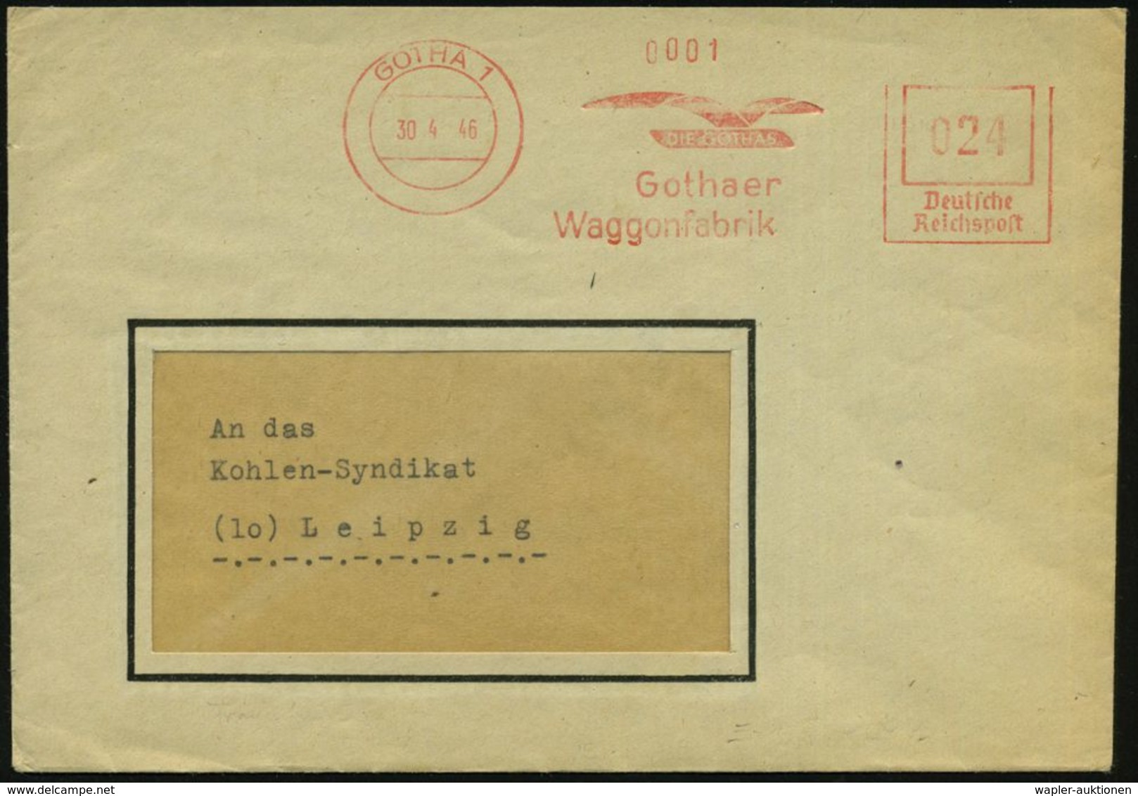 GOTHA 1/ DIE GOTHAS/ Gothaer/ Waggonfabrik 1946 (30.4.) Aptierter AFS = NS-Adler Und  "A.G." Entfernt (Flügel-Logo), Rs. - Eisenbahnen