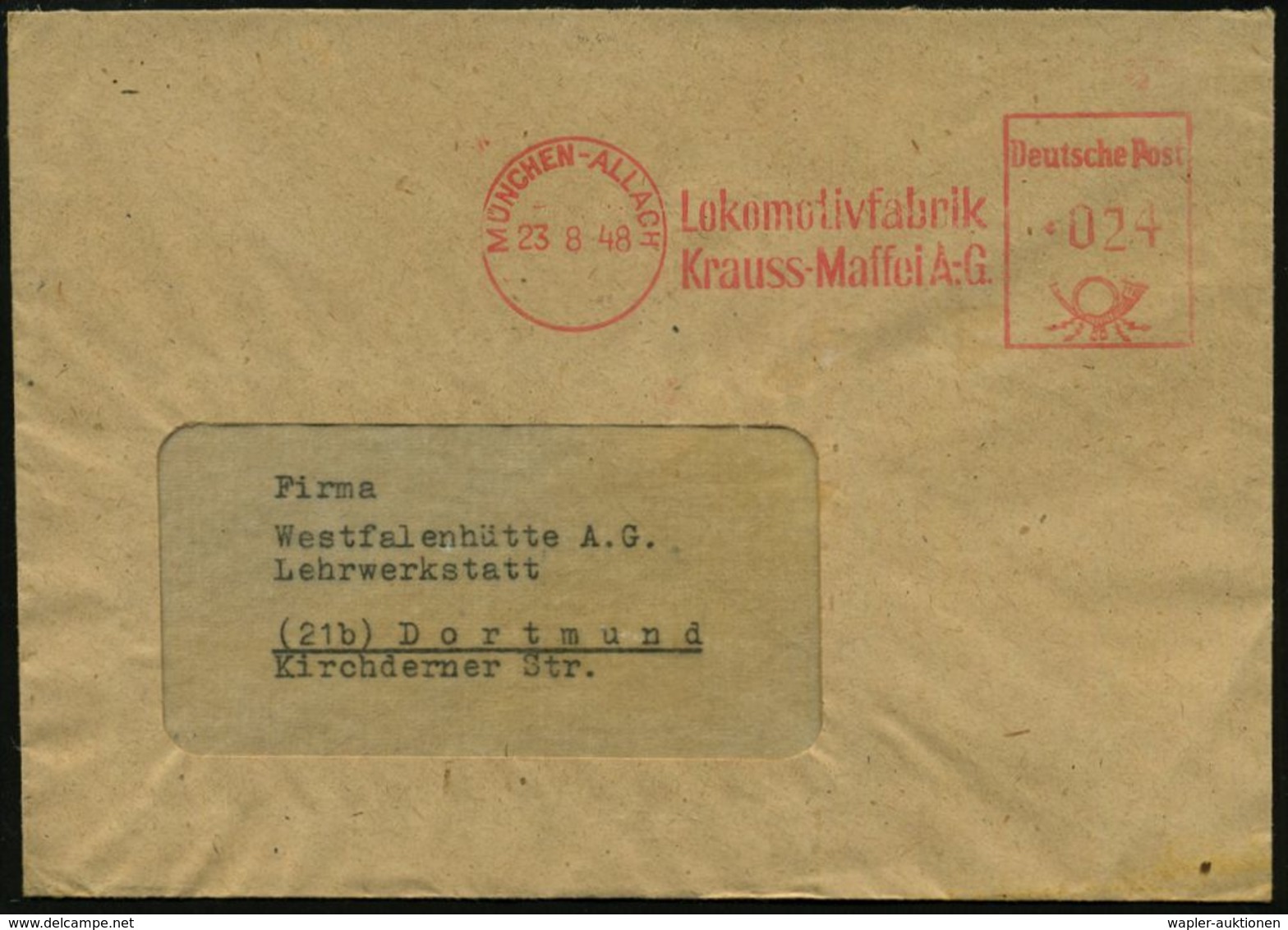 MÜNCHEN-ALLACH/ Lokomotivfabrik/ Krauss-Maffei A.G. 1948 (23.8.) AFS (rs. Abs.-Vordr., Logo) Klar Gest. Firmen-Bf. = Her - Eisenbahnen