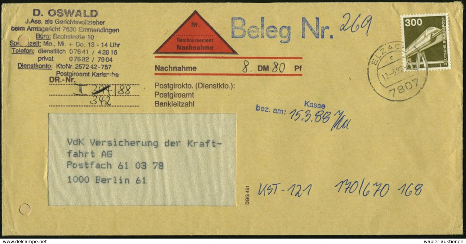B.R.D. 1987 300 Pf. "Transrapid", Oliv, EF Auf Portorichtigem Inl.-NN-Bf. (Reg.-Lochung Geschl.), Seltene Frankatur!  (M - Trenes