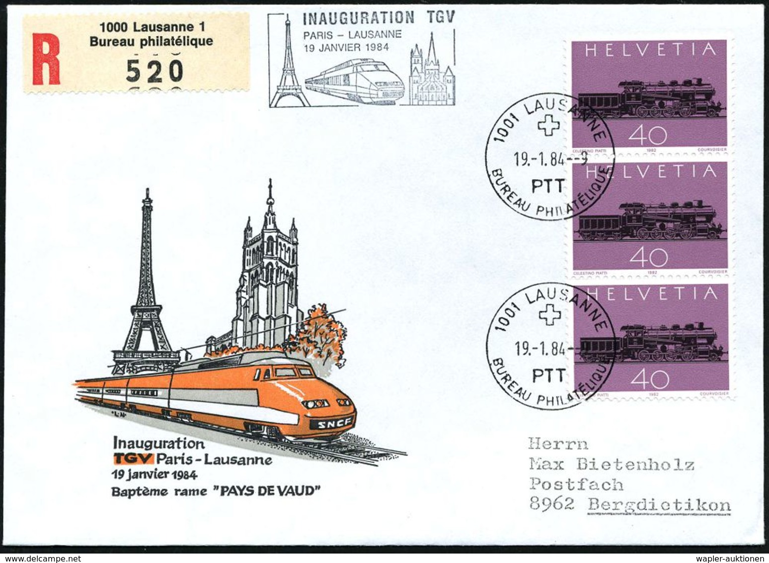 SCHWEIZ 1984 (19.1.) HdN: INAUGURATION TGV/PARIS - LAUSANNE = TGV (Eiffelturm, Dom) 3x 40 C. Dampflok + 1K: 1001 LAUSANN - Trains