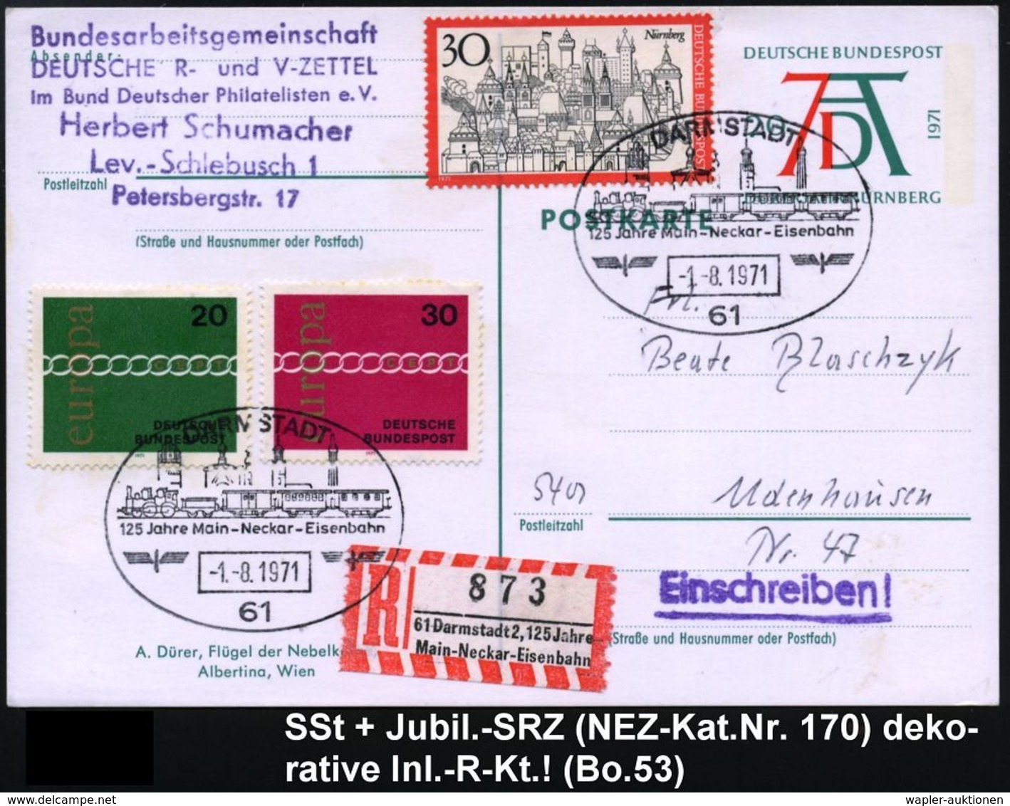 61 DARMSTADT/ 125 Jahre Main-Neckar-Eisenbahn 1971 (1.8.) SSt = Histor. Personenzug (mit Dampflok) 2x + Sonder-RZ: 61 Da - Trains