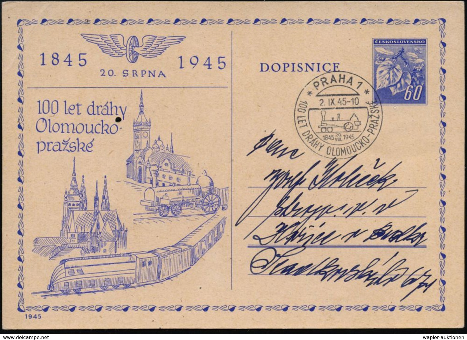 TSCHECHOSLOWAKEI 1945 (2.9.) SSt.: PRAHA 1/100 LET DRAHY OLOMOUCKO - PRAZSKE = Dampflok = 100 Jahre Eisenbahn Olmütz - P - Trains