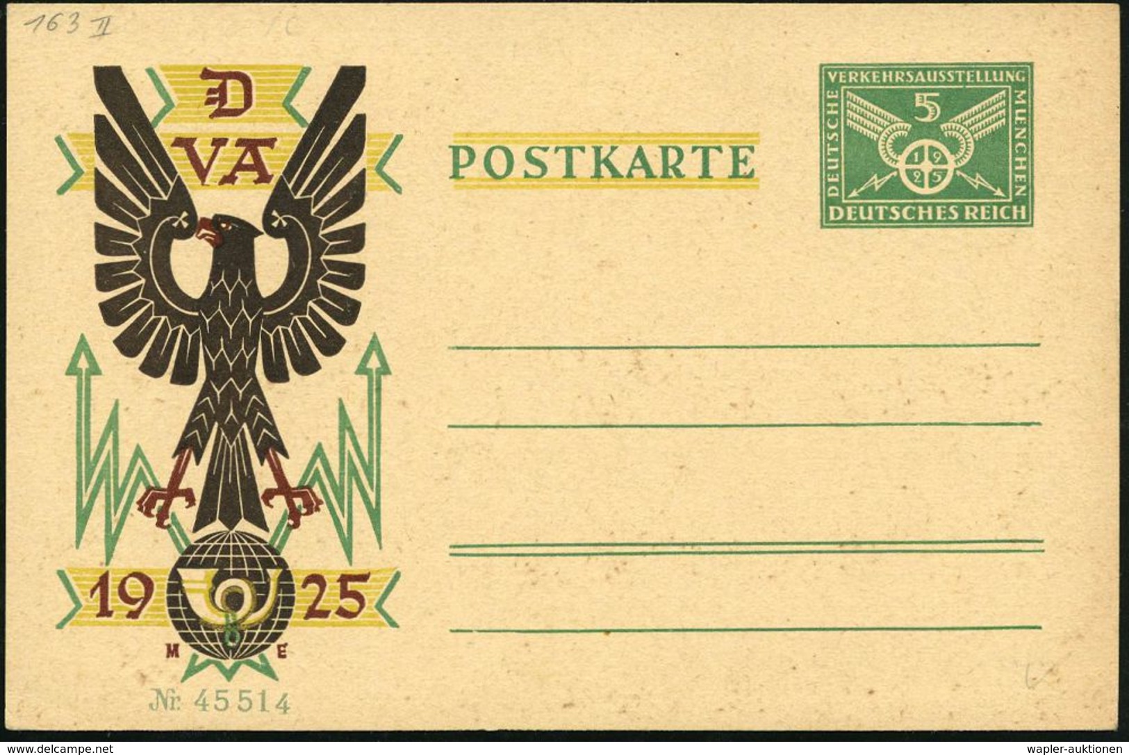 München 1925 Amtl. PP 5 Pf. "DVA" Nummeriert + Grüner Zudruck: ZEPPELIN-ECKENER-SPENDE (Logo) Rs., Ungebr., Selten!  (Mi - Trains