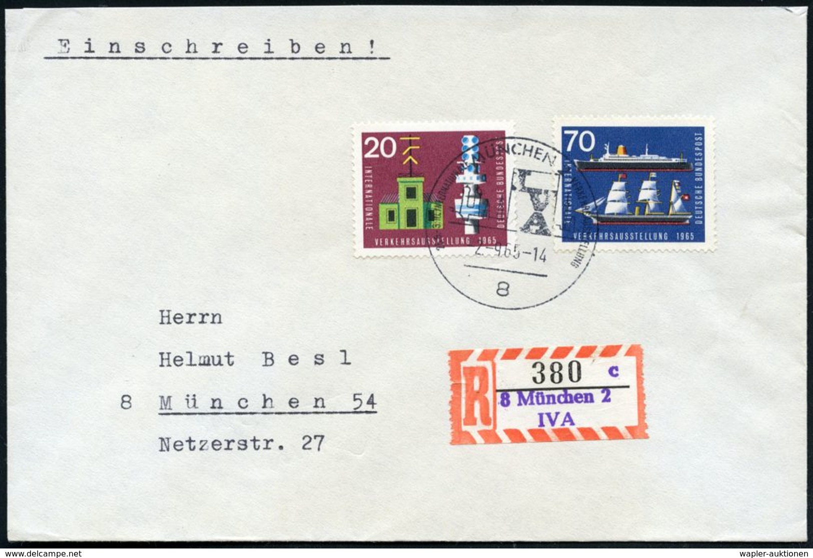 8 MÜNCHEN 2/ I V A.. 1965 (18.8.) SSt Auf 20 Pf. U. 70 Pf. "Internat. Verkehrs-Ausstellung", Satzreine Frankatur (Mi.471 - Trenes