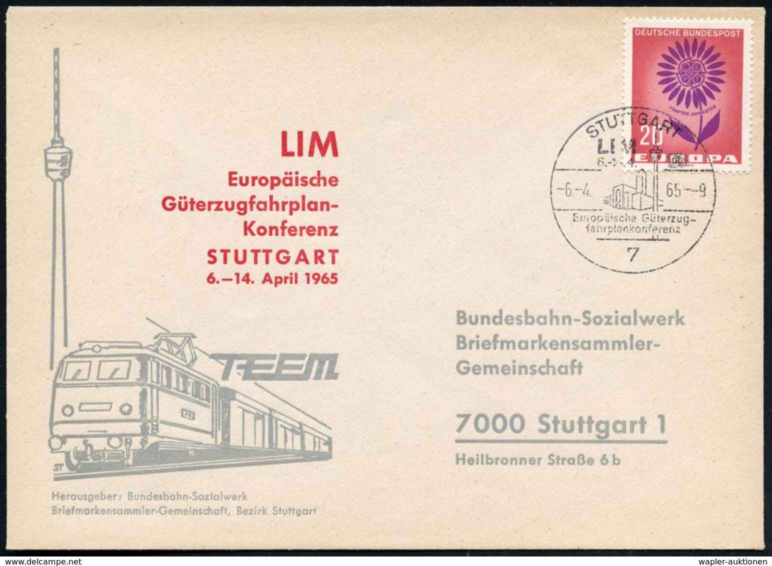 7 STUTTGART/ LIM/ Europ.Güterzug-/ Fahrplankonferenz 1965 (6.4.) SSt = Hauptbahnhof (u. TV-Turm) Klar Gest. LIM-SU. (Bo. - Trenes