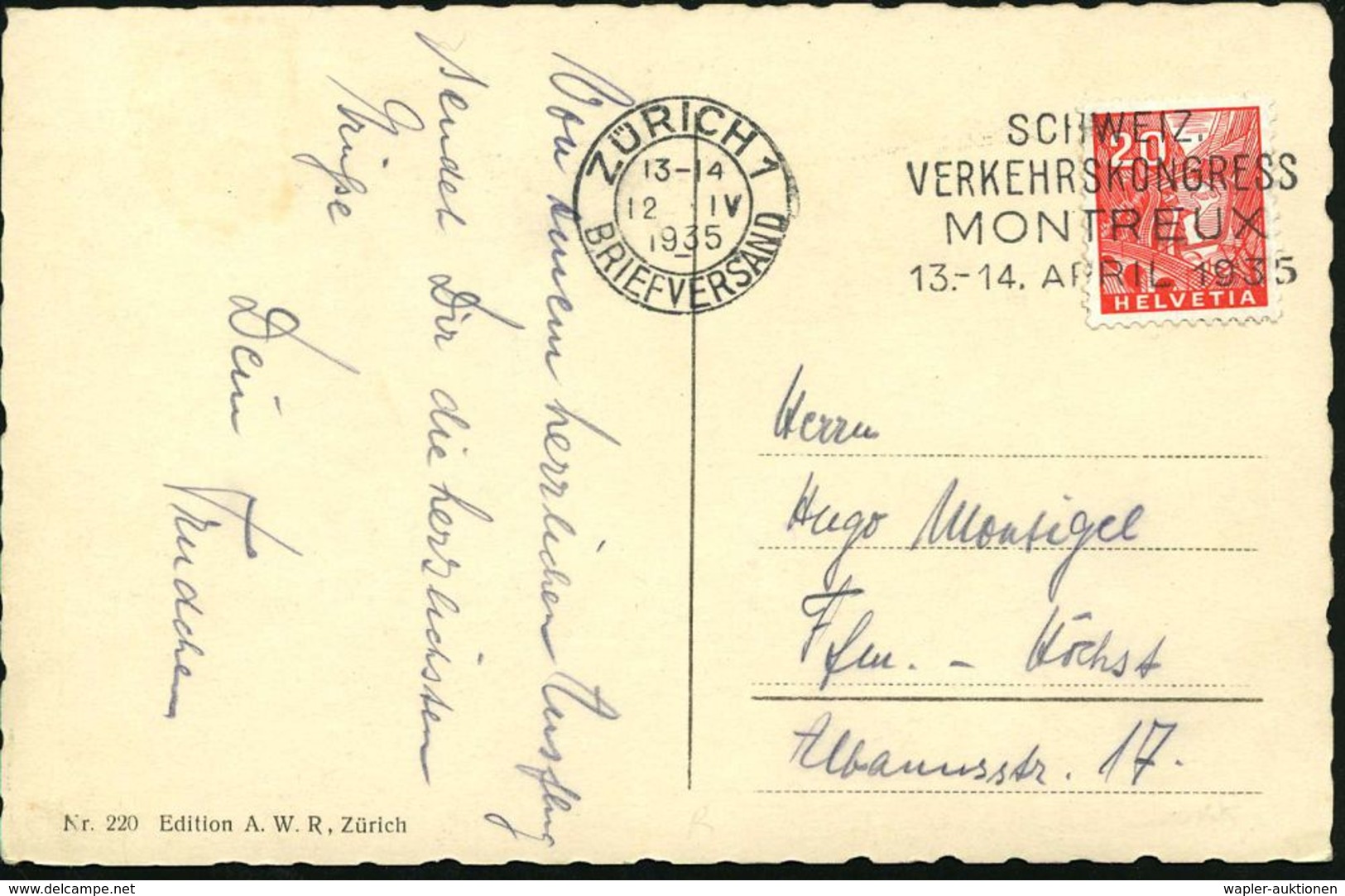 SCHWEIZ 1935 (12.4.) Seltener MWSt: ZÜRICH 1/SCHWEIZ./VERKEHRSKONGRESS/ MONTREUX.. (Text Rechts) Klar Gest. Ausl.-Ak.  - - Trains