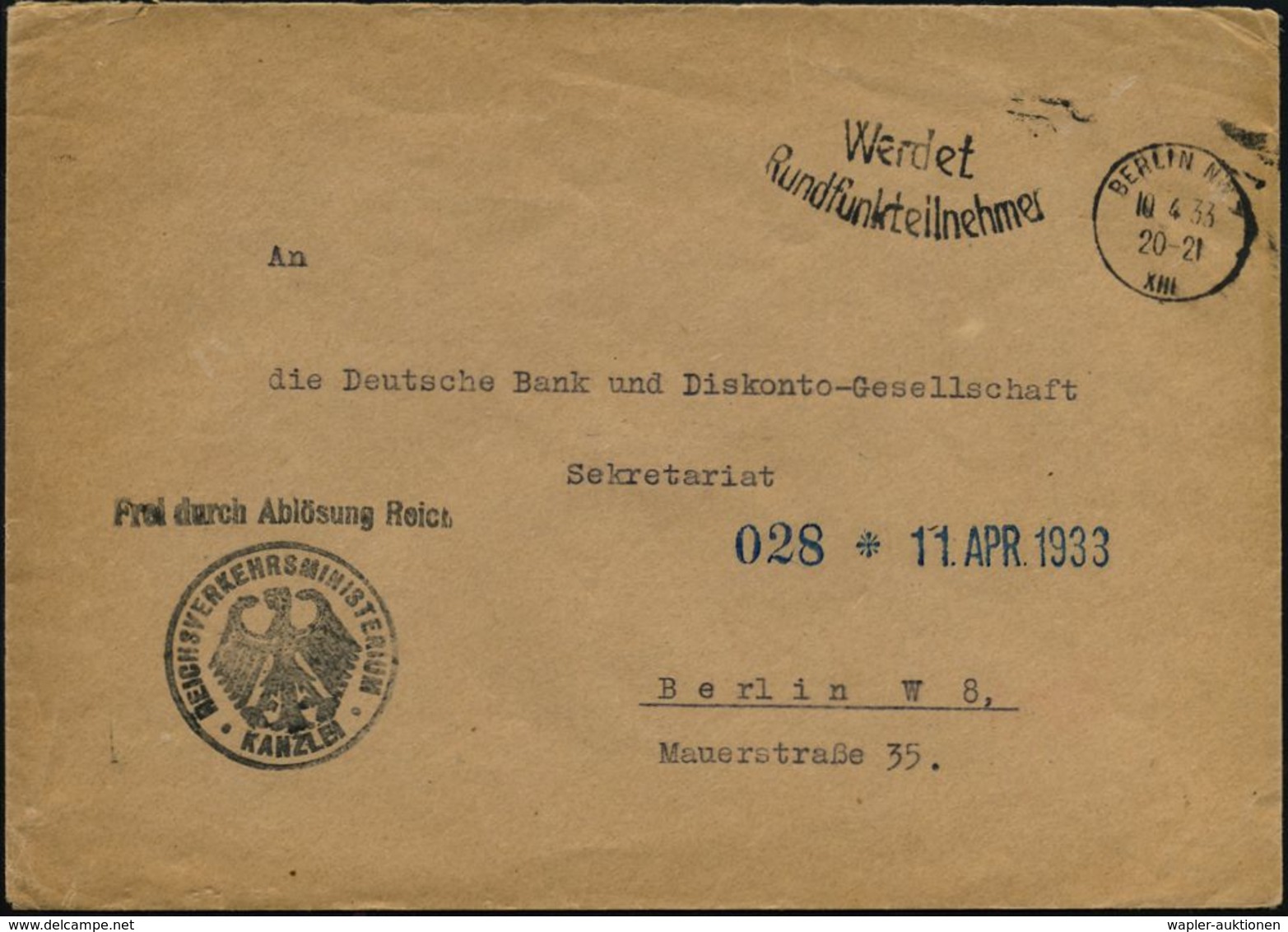BERLIN NW7/ XIII/ Werdet/ Rundfunkteilnehmer 1933 (10.4.) MWSt + Schw.-viol. 1K-HdN: REICHSVERKEHRS-MINISTERIUM / KANZLE - Eisenbahnen