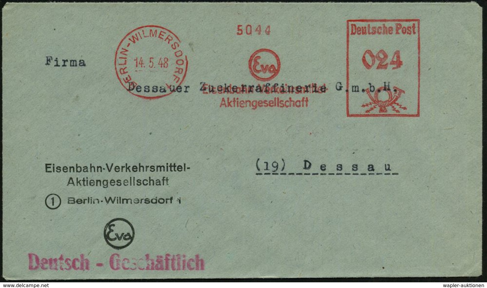 BERLIN-WILMERSDORF 1/ Eva/ Eisenbahn-Verkehrsmittel-/ AG 1948 (14.5.) AFS (Logo) Motivgl. Firmen-Bf. (Dü.E-20BAh) - Wal  - Trains