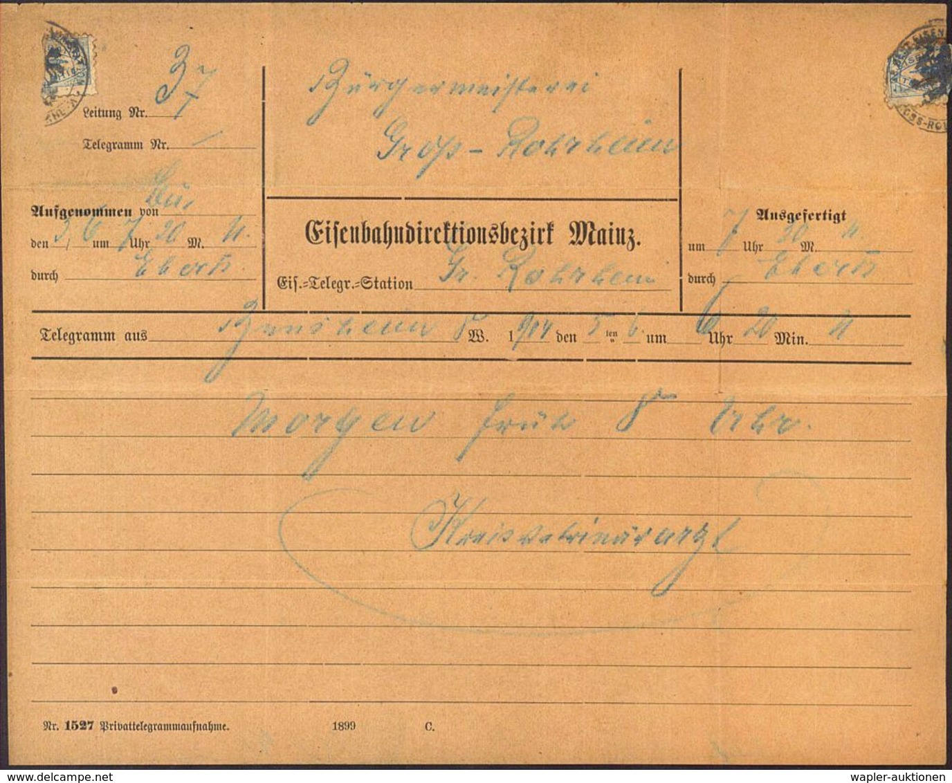 Mainz 1904 (3.6.) Eisenbahn-Dienst-Telegramm "Eisenbahndirektionsbezirk Mainz" (Form Nr.1527) Getrennte Blaue Telegramm- - Trains