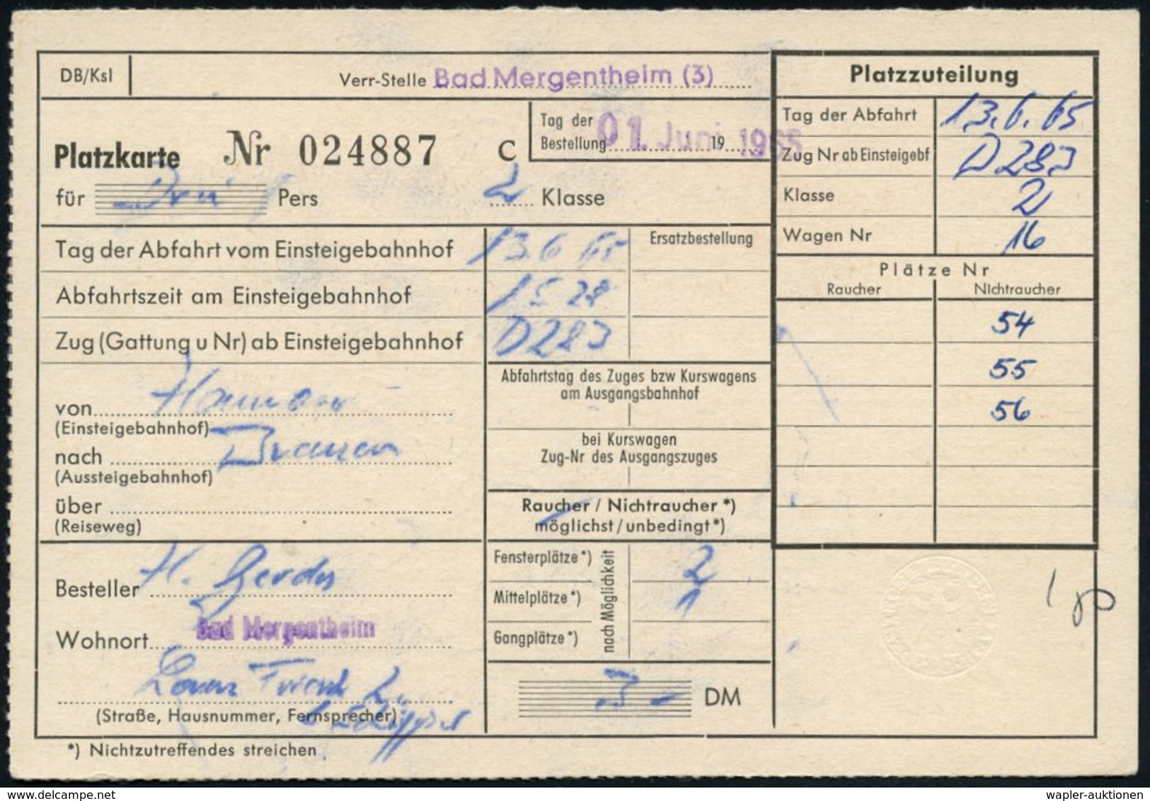 7 STUTTGART 1/ Eins Ist/ Sicher-/ D.Bahn/ DB 1965 (3.6.) AFS 015 Pf. = TEE-Lok (u. Reisende) Klar Gest. Platzreservierun - Trains