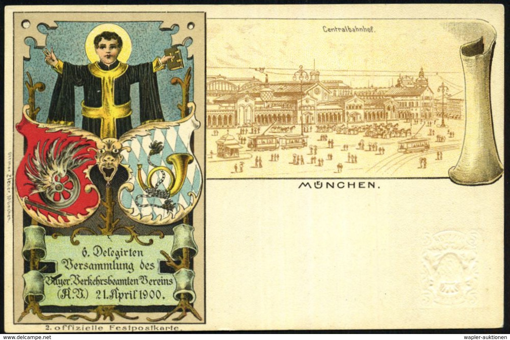 München 1900 (21.4.) PP 2 Pf. Wappen, Grau: 6. Delegirten Versammlung Des Bayer. Verkehrsbeamten-Vereins = "Kindl" Mit H - Eisenbahnen