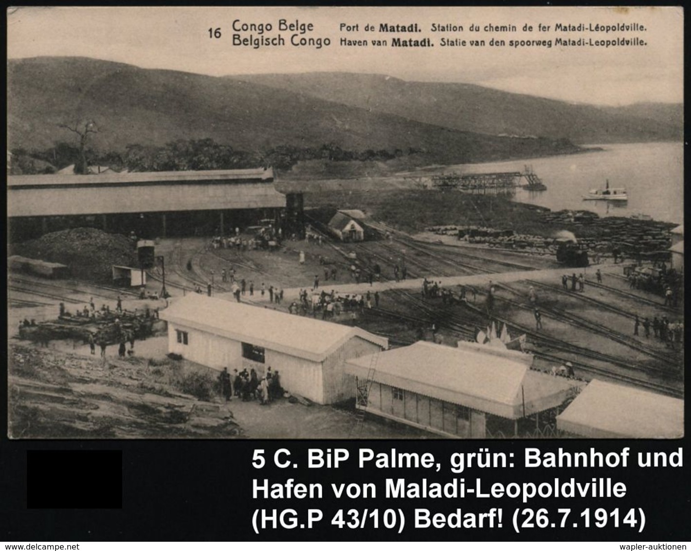 BELG.KONGO 1914 (26.7.) 5 C. BiP Palme, Grün: Bahnhof Und Hafen Von Matadi (Gleise, Dampflok Etc.) 1K: ABA, Bedarfs-Über - Trains