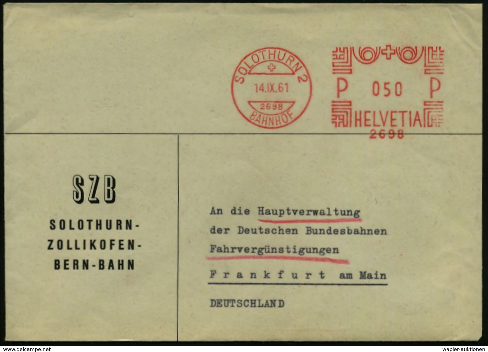 SCHWEIZ 1961 (14.9.) AFS.: SOLOTHURN 2/2698/ B A H N H O F /2698 = Solothurn-Zollikofen-Bern-Bahn , Rs. Roter, Amtl. Hin - Trains