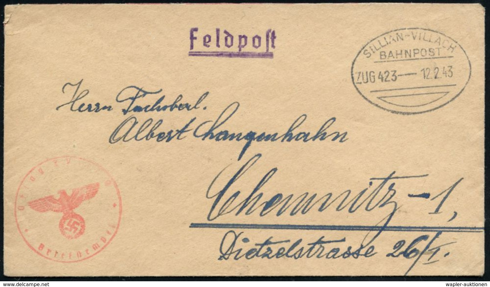 SILLAN-VILLACH/ BAHNPOST/ ZUG 423--- #bzw.# ZUG 423 / / /  1943 (Febr.) 2 Verschiedene Bahn-Oval Mit Segment (1x Nicht G - Treni