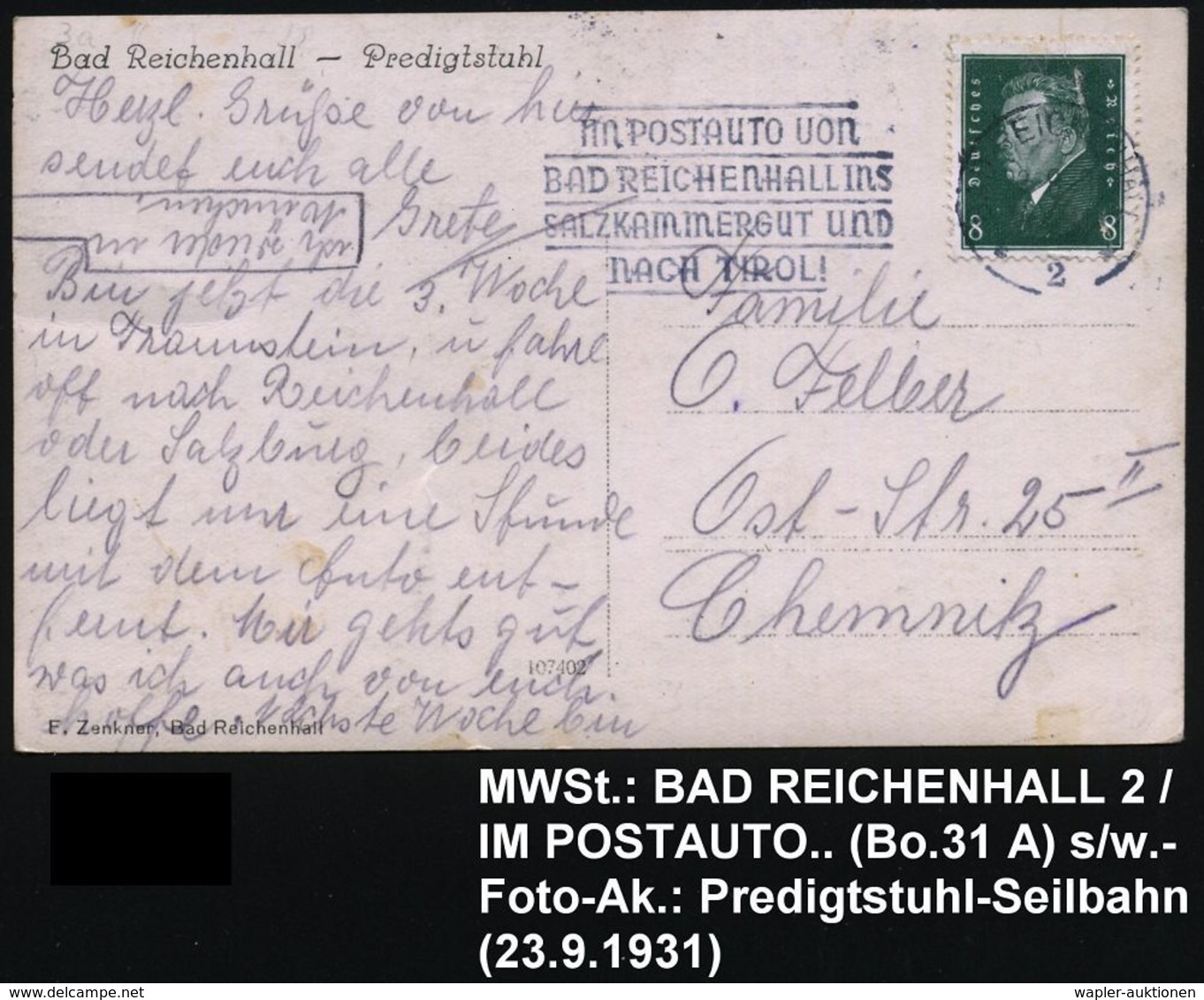 BAD REICHENHALL/ 2/ IM POSTAUTO.. 1931 (23.9.) MWSt (Frankat.-Mäng.) Auf S/w.-Foto-Ak.: Predigtstuhl-Seilbahn, Bedarf (B - Eisenbahnen