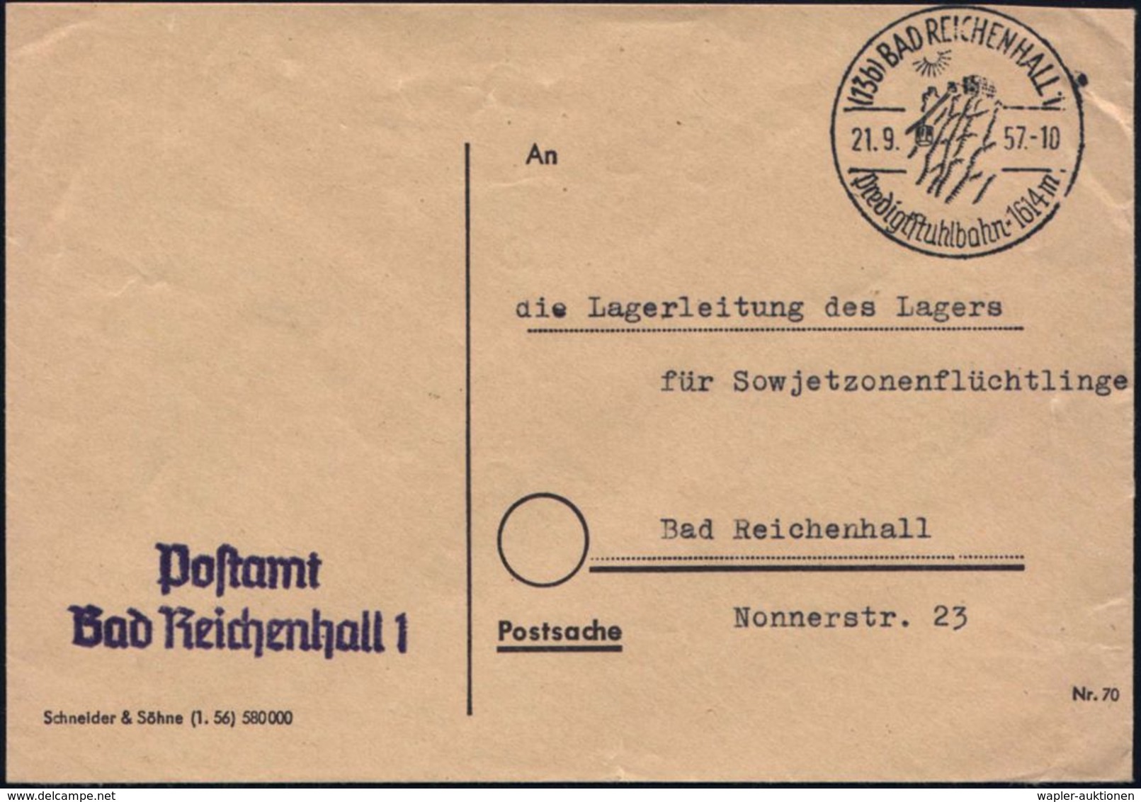 (13b) BAD REICHENHALL/ Predigtstuhlbahn 1616m 1957 (21.9.) HWSt = Seilbahn U. Gipfelstation + Viol. Abs.-2L: Postamt/ Ba - Trains