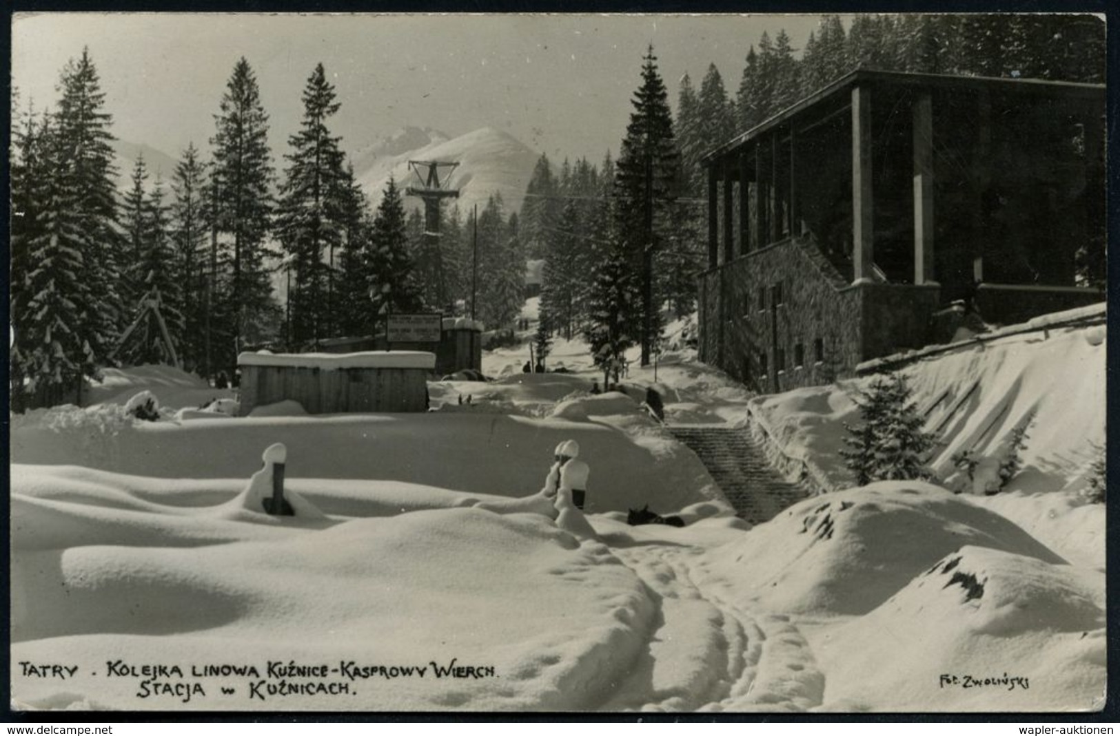 POLEN 1936 (22.3.) Fa.WerbeSt.: ZAKOPANE 1/KASPROWY WIERCH = Seilbahn (über Tannen) + Viol. Dreieck-HdN. Auf S/w.-Foto-A - Trenes