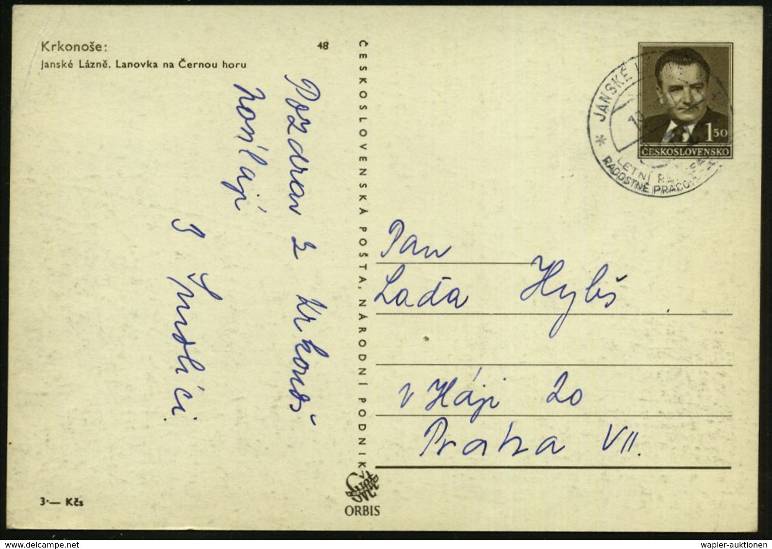 TSCHECHOSLOWAKEI 1950 (19.8.) 1,50 Kc. BiP Gottwald, Braun: Gondel-Seilbahn Krkonose Im Winter (Janske Lazne) Ortsgl. St - Eisenbahnen