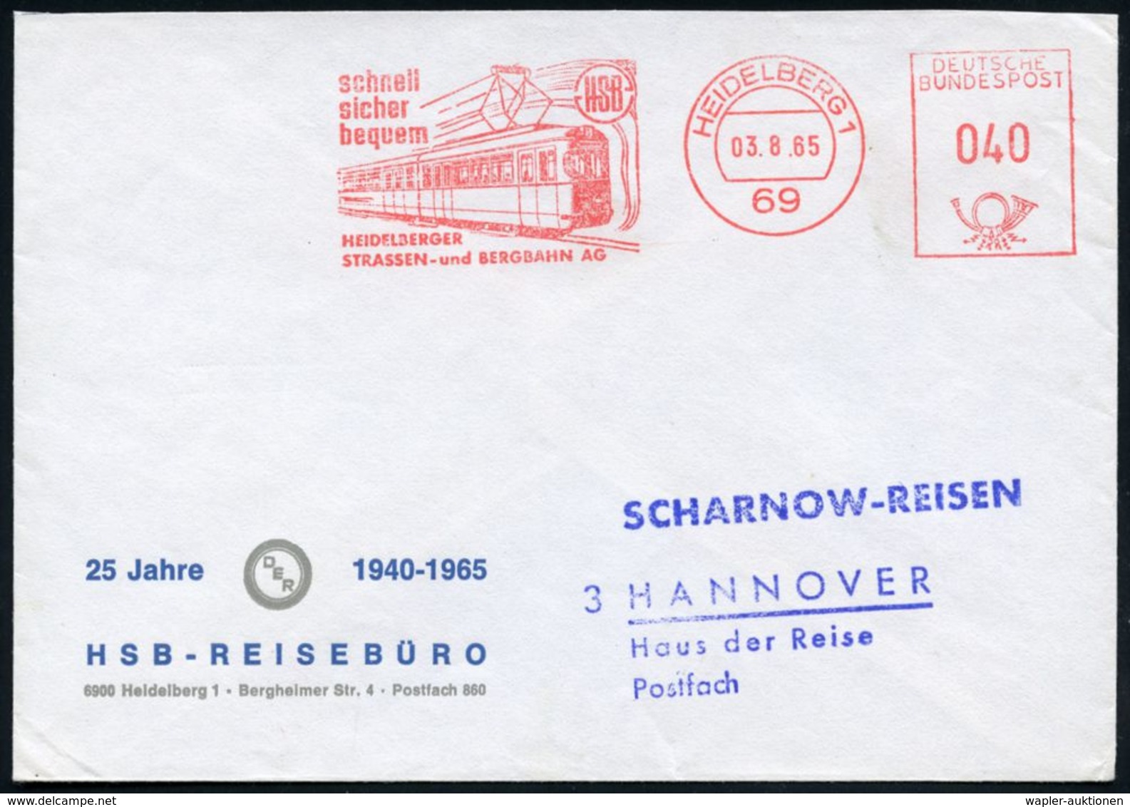 69 HEIDELBERG 1/ Schnell/ Sicher/ Bequem/ HSB/ HEIDELBERGER/ STRASSEN.u.BERGBAHN AG 1965 (Aug.) Dekorat. AFS = Moderne T - Tranvías