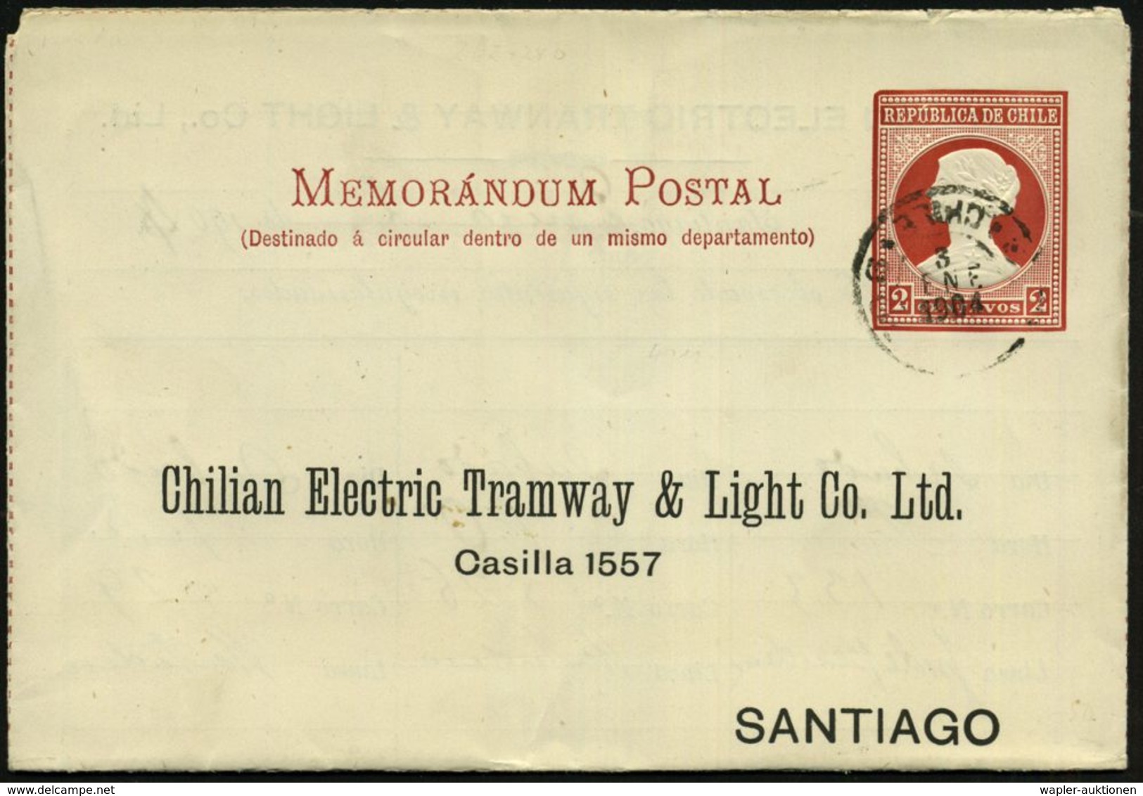 CHILE 1904 (3.1.) Privatfaltbf 2 C. Braunrot: Chilian Electric Tramway & Light Co.Ltd. (Santiago) Innenvordruck: Druckfe - Tranvías