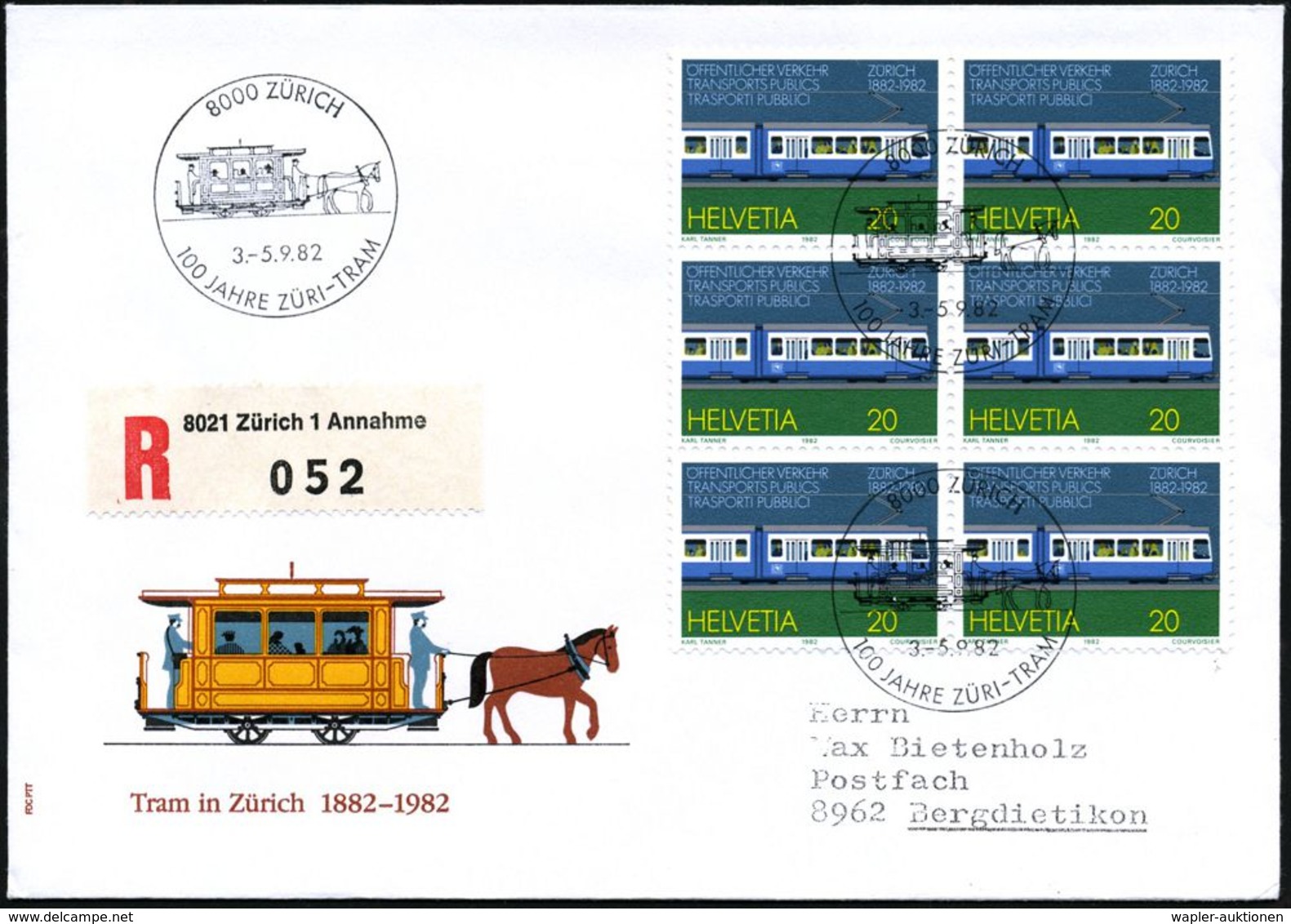 SCHWEIZ 1983 (Sept.) SSt: 8000 ZÜRICH/100 JAHRE ZÜRI-TRAM = Pferde-Tram 3x Auf 6er-Block 20 C."100 Jahre Züri-Tram" + RZ - Tranvías